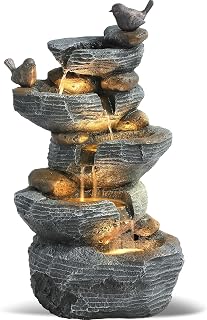 Grepatio 5-Tier Cascading Rock Outdoor Water Fountain with 4 LED Lights - Patio Garden Yard Decor