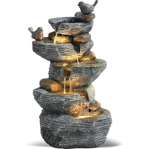Grepatio Outdoor 5-Tiers Cascading Rock Water Fountain, Waterfall Fountain with