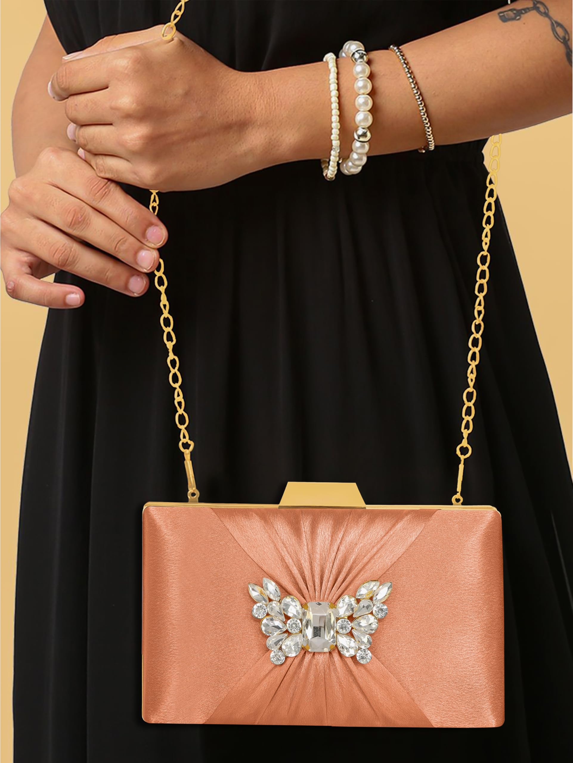 MISHA Sophisticated Satin Clutch with Straight Diamond and Removable Chain Strap (Peach) 4