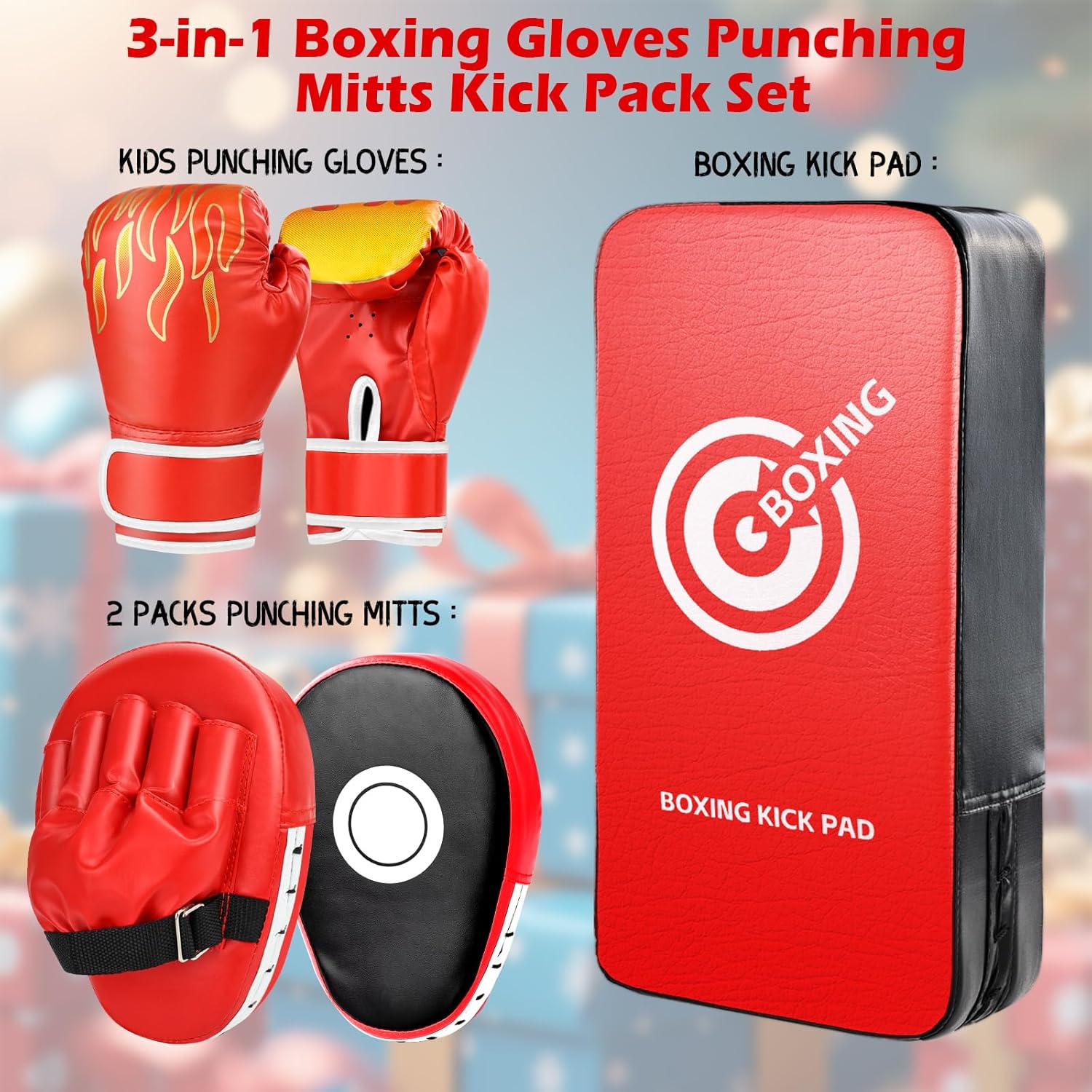 3-in-1 Boxing Gloves Punching Mitts Kick Pack Set for Kids, Curved Boxing Mitts Focus Pads, Adjustable Taekwondo Kick Pad, Gloves for Kicking Karate Kickboxing Muay Thai MMA Training