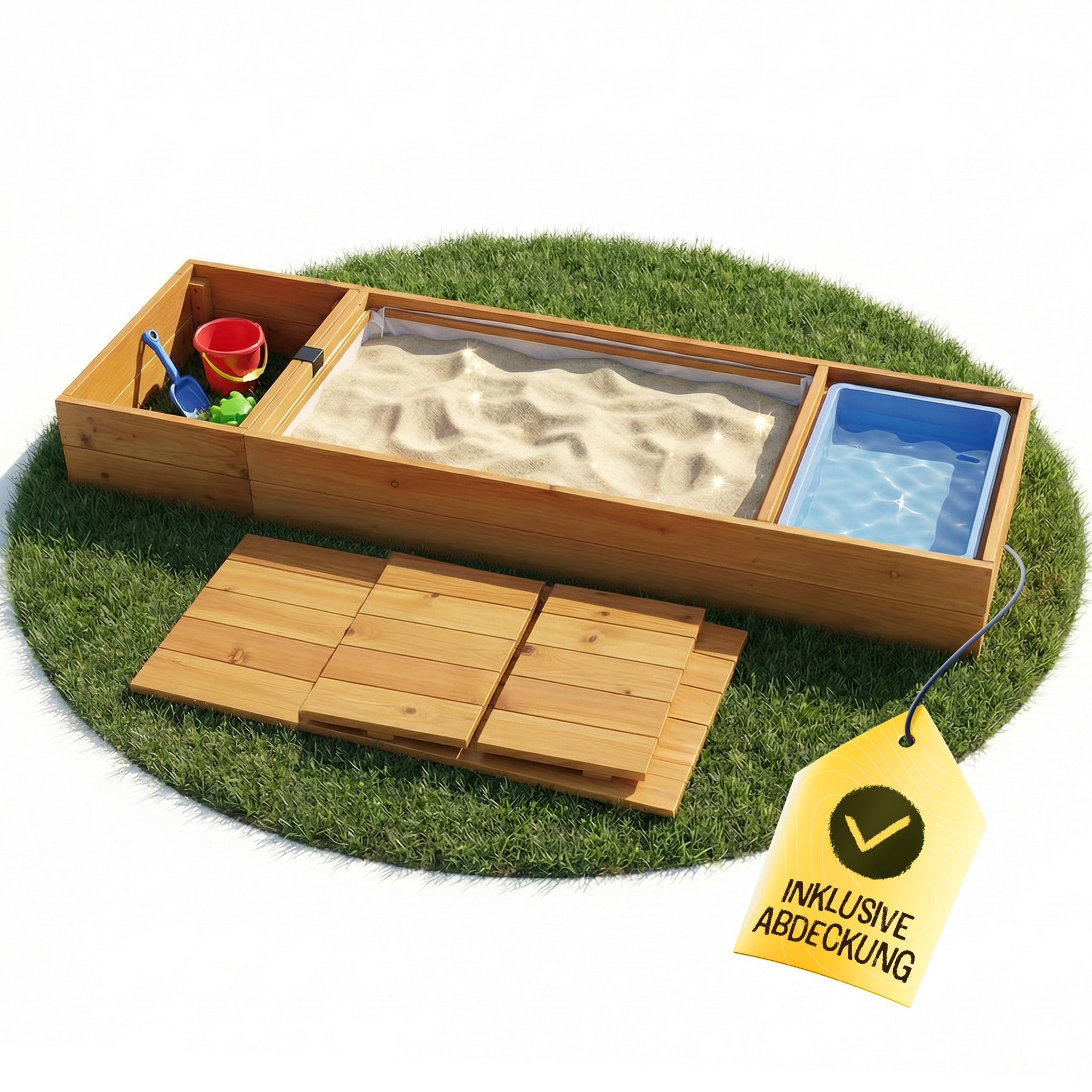 FRIEDO Sandkasten mit Abdeckung 150x40cm aus lasiertem Holz und Deckel I Sandkasten mit Matschküche I Sandbox ideal für Balkon, Terrasse und Garten I Sandkiste mit Abdeckung für kleine & große Kinder - 2