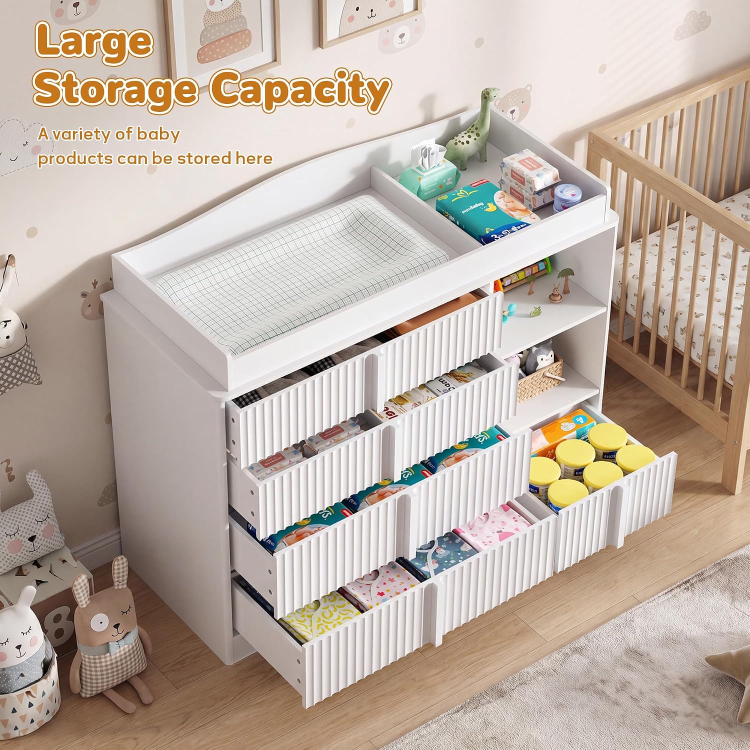 DTK Changing Table Dresser, Baby Dresser with Changing Table Top, Nursery Dresser with 4 Drawers and Shelves, Wood Changing Table with Storage, Diaper Changing Station for Nursery