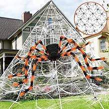 Spider Web Halloween Decoration, 59'' Halloween Giant Spider + 200'' Triangular Giant Spider Web + 40G Stretch Cobwebs + 20Pcs Small Plastic Spiders for Indoor Outdoor Halloween Decor (Orange)