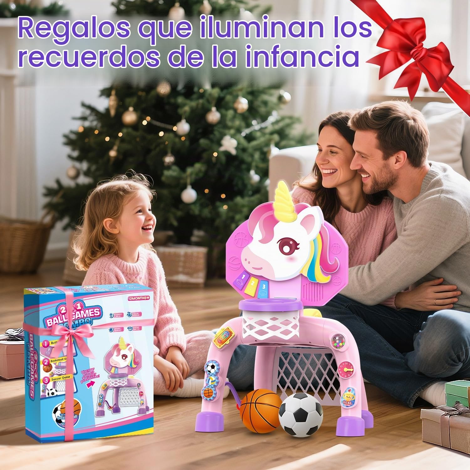 POPERFUN Canasta Baloncesto Infantil y Porteria Futbol Niños para Niñas de 1-3 Años, Mini Canasta Baloncesto con Luces y Música para Bebés de 12-18 Meses, Regalos de Cumpleaños de Navidad