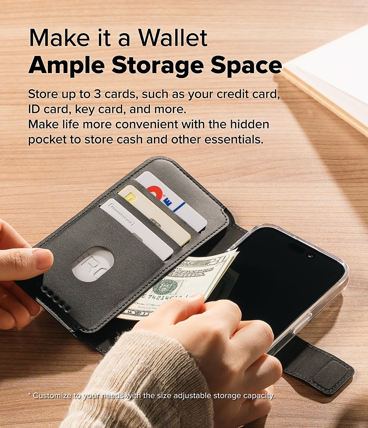 Ringke Folio Wallet Magnetic Compatible con Funda iPhone 16 Pro MAX y iPhone 16 Plus [Aguanta hasta 3 Tarjetas] Funda Desmontable y Plegable de Cuero PU con Soporte y Ranuras para Tarjetas - Black