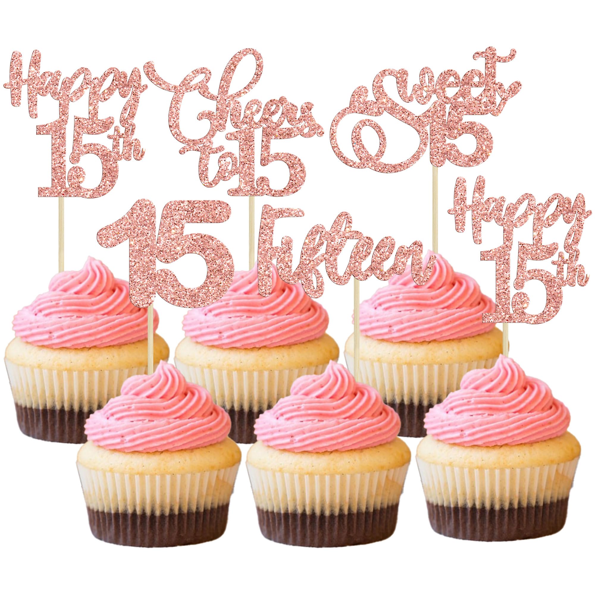 30 Pack Happy 15th Birthday Cupcake Toppers Rose Gold Glitter Fifteen Cheers to 15 Years Old Birthday Cupcake Picks for Happy 15th Anniversary Party