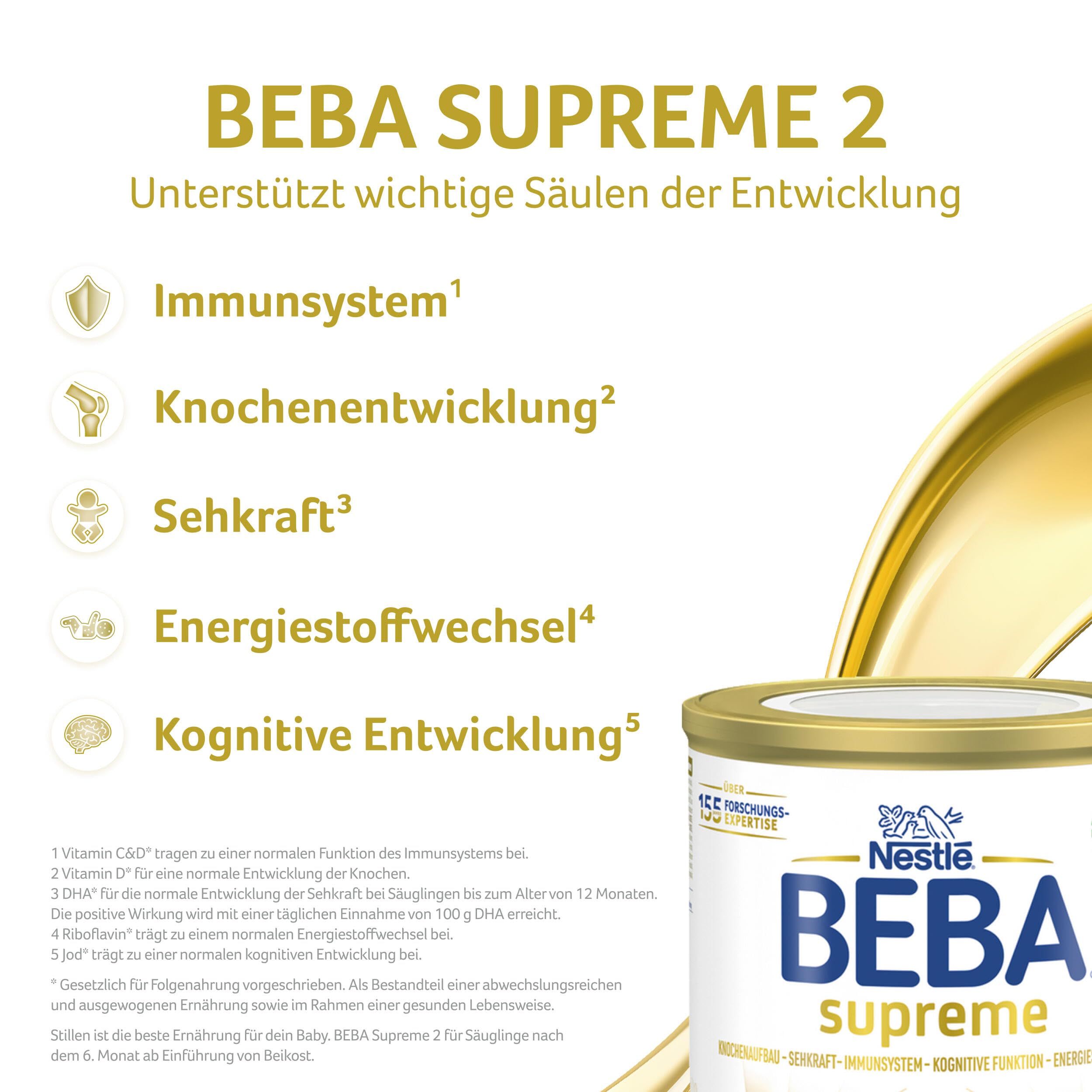 BEBA SUPREME 2 - Folgemilch nach dem 6. Monat, Mit 6 HMO Komplex, Patentiertes Produkt, Nur Laktose, Ohne Palmöl, Ohne Fischöl, Babynahrung, Baby-Milchpulver, 6er Pack (6 x 800g)