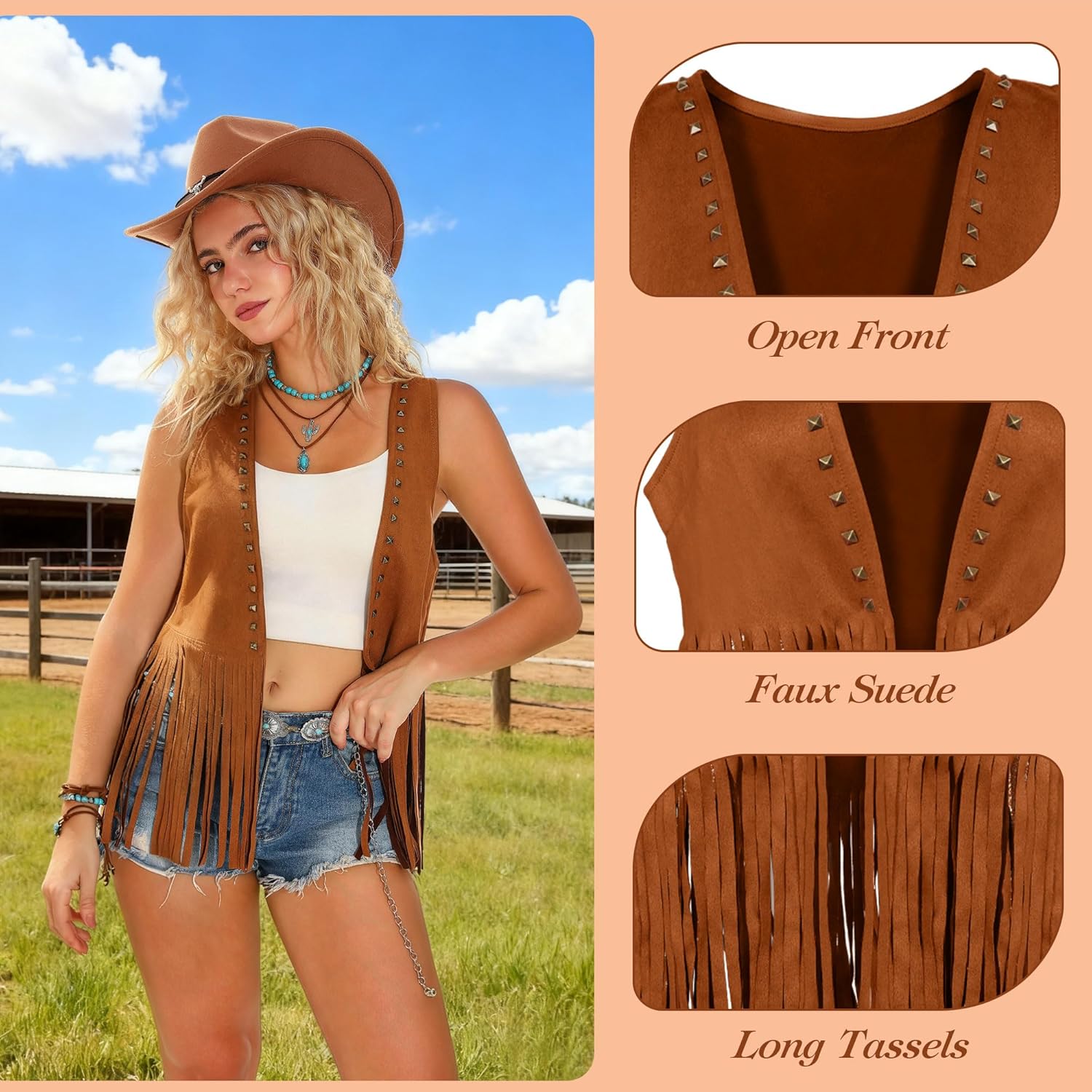 Womens Western Cowgirl Costume Cowboy Outfits Tassels Fringe Vest Hat 7pcs Set - Image 2