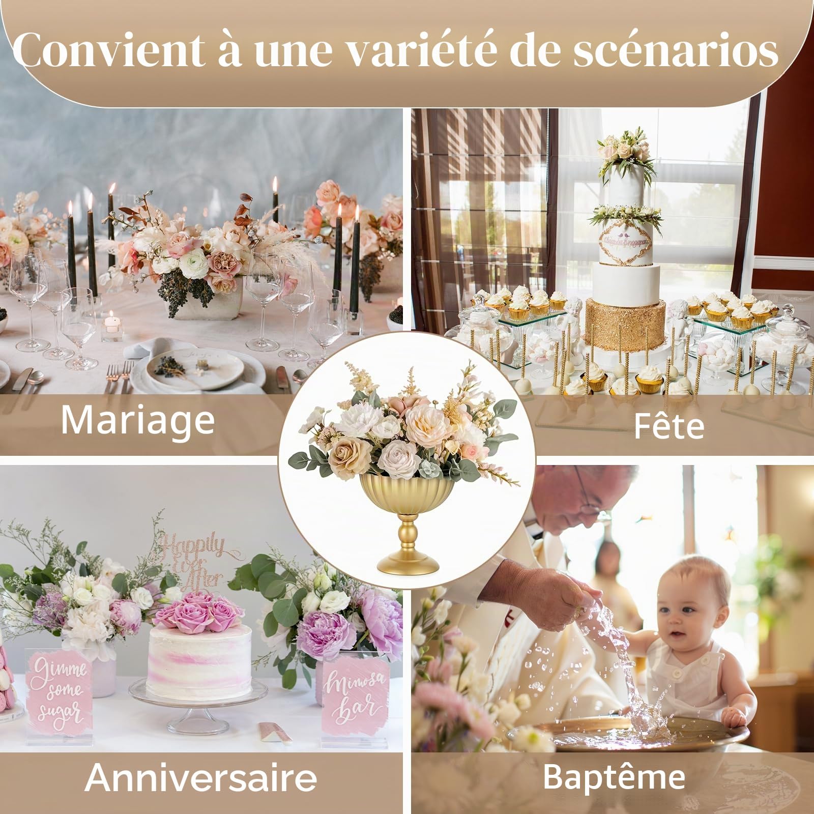 Sziqiqi Centre de Table Mariage 10pcs: Métal Haut Vase Doré Vintage | Épais Urne, ⌀20cm / H20cm / T8cm, Haut Piédestal, Large Ouverture pour Florales, Bapteme, Fete, Anniversaire, Reception