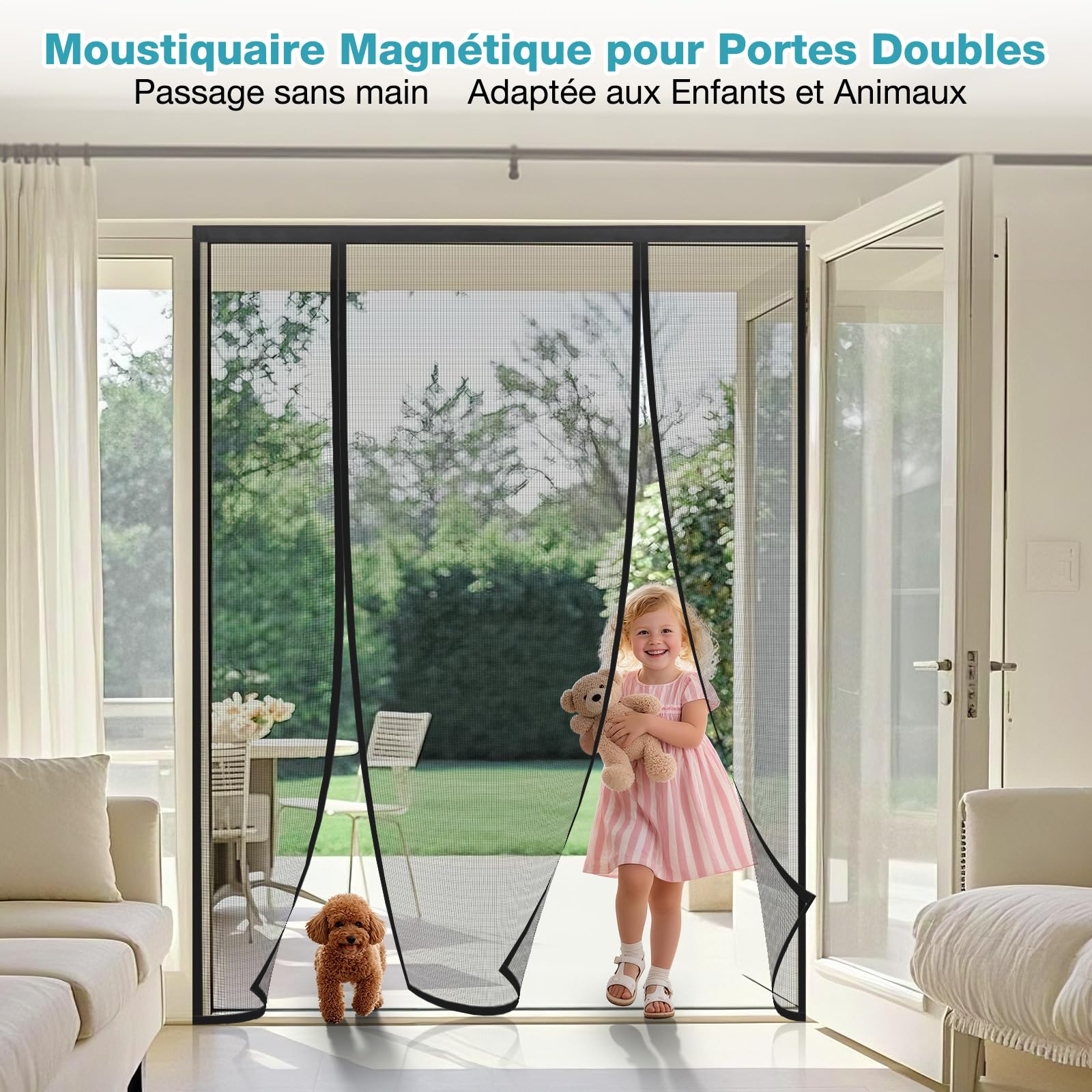 Moustiquaire Porte Fenetre 240x220 cm, Moustiquaire Aimantée Double Ouverture Latérale, Lumière Translucide Fermeture Automatique, pour Entrée Balcon Patio Porte Fenêtre, Noir