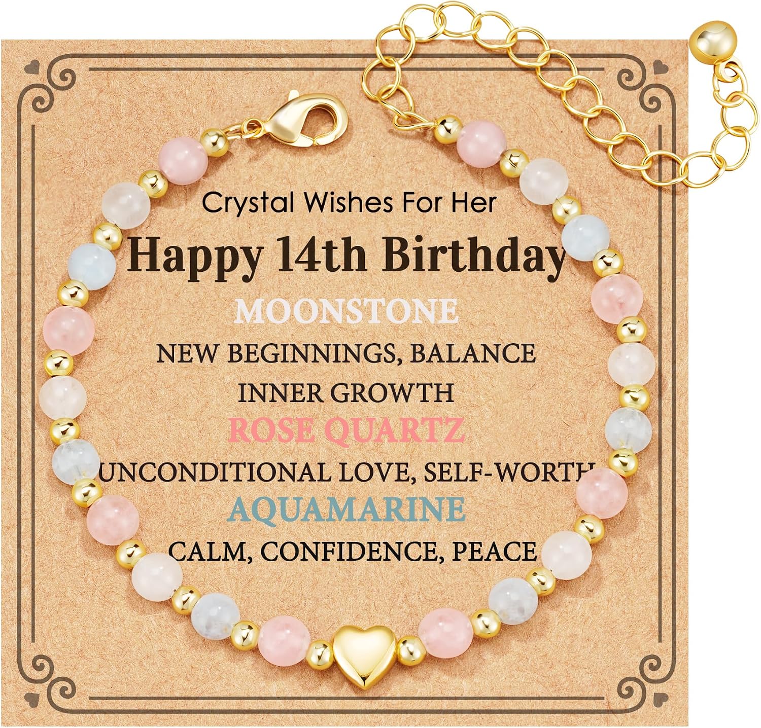 7th-13th Birthday Gifts, Natural Crystal Bracelet Rose Quartz Moonstone Aquamarine Healing Stones Jewelry for Her 6.5+2 Inches