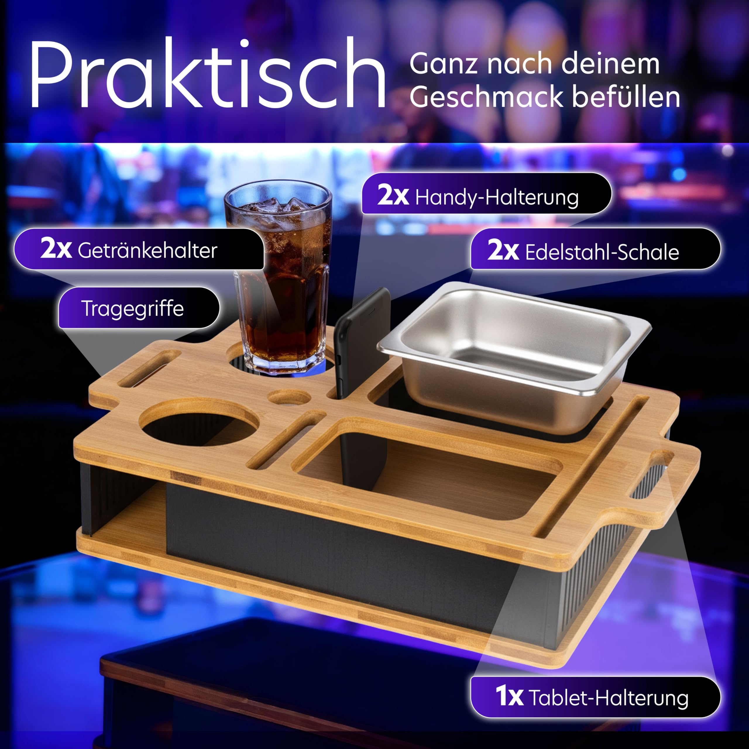 AH® Couchbar Snackbox mit Leuchteffekt – Bambus Sofa Tablett mit 2 Edelstahl-Schalen, Handy- & Getränkehalter – Couch Organizer & Geschenk für Männer & Frauen