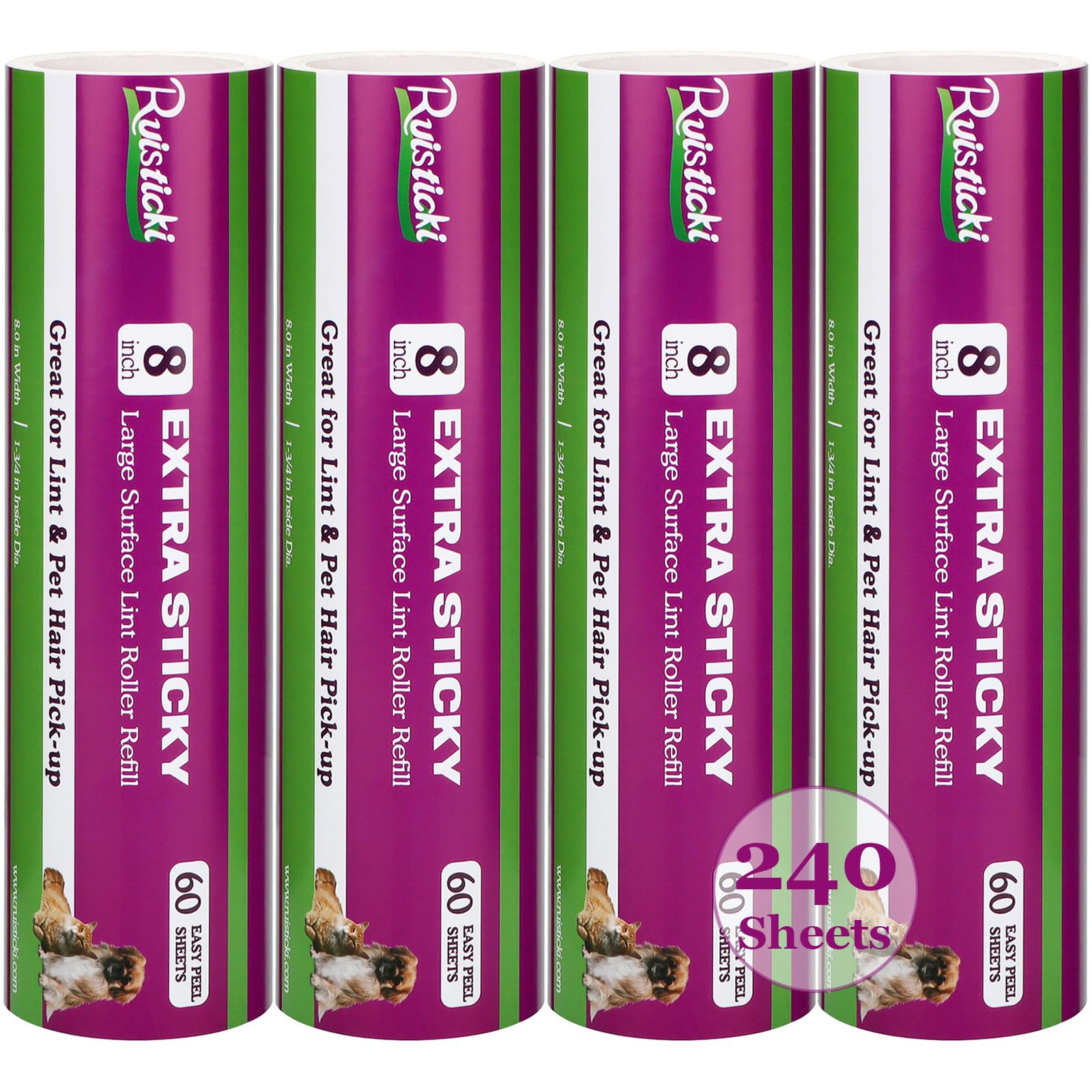 8 inch Lint Roller Refill for Scotch-Brite Pet Extra Sticky Large Surface Roller 50% Stickier Lint Roller Refill, Works Great On Pet Hair, 4 Refills, 60 Sheets per Refill, 240 Sheets Total