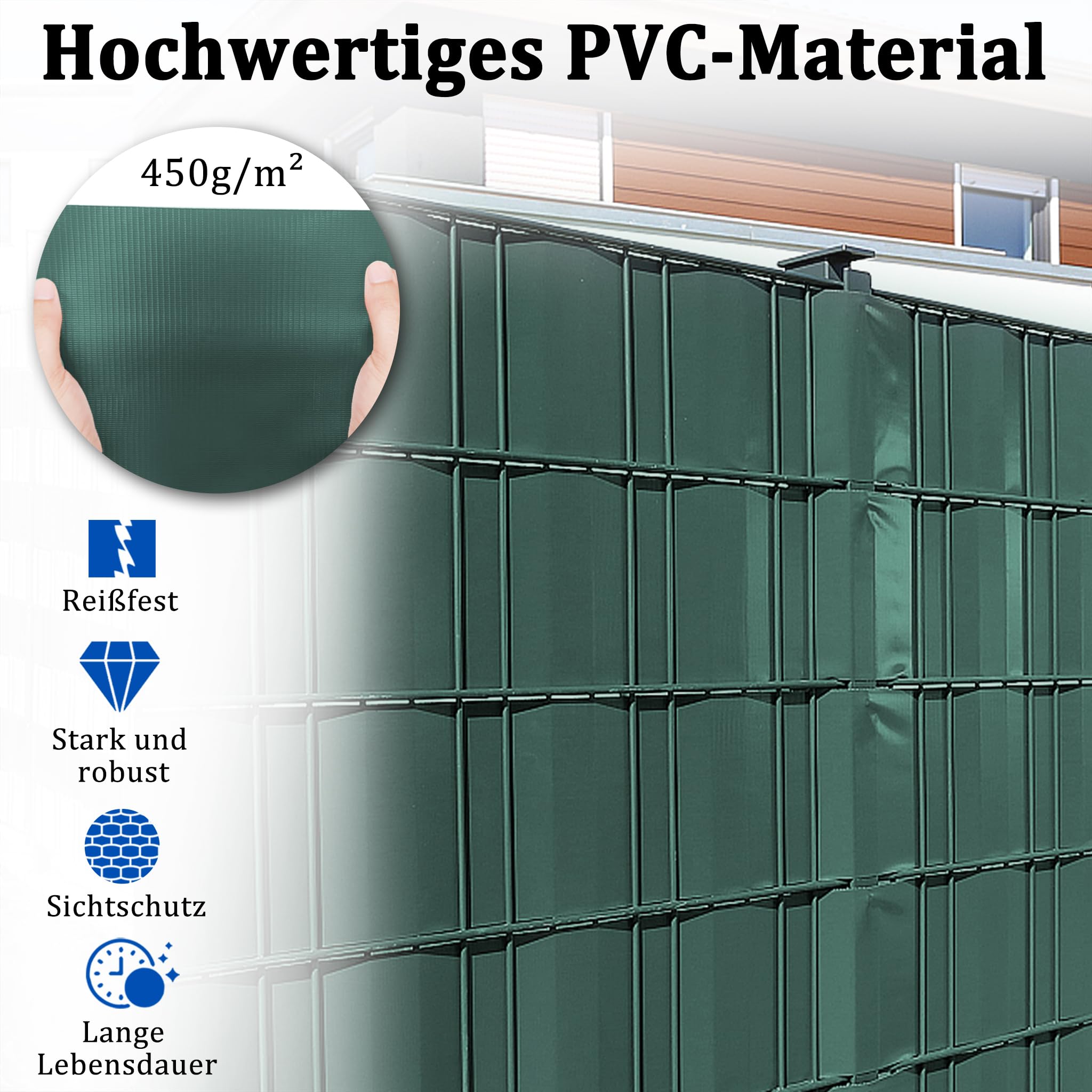 YRHome Folia maskująca z PCW, 70 m x 19 cm, ogrodzenie z podwójnymi prętami, ochrona przed wzrokiem, folia ogrodzeniowa, podwójny pręt, z 40 klipsami mocującymi, 450 g/m², ochrona przed wiatrem, zielona
