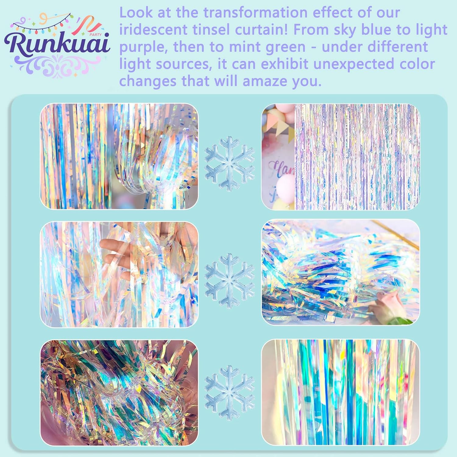 Iridescent Party Decorations Fringe Backdrop, Sparkling Holographic Foil Fringe Tinsel Curtains for Frozen Mermaid Birthday Party Decor - 3.28x6.56ft 2 Packs