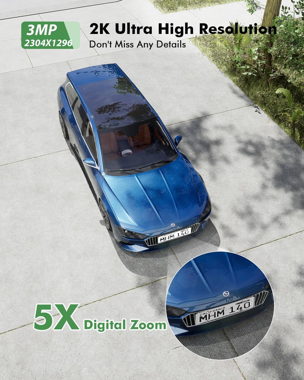 2K Ultra High Resolution image showing a car with clear details and 5X digital zoom capability.