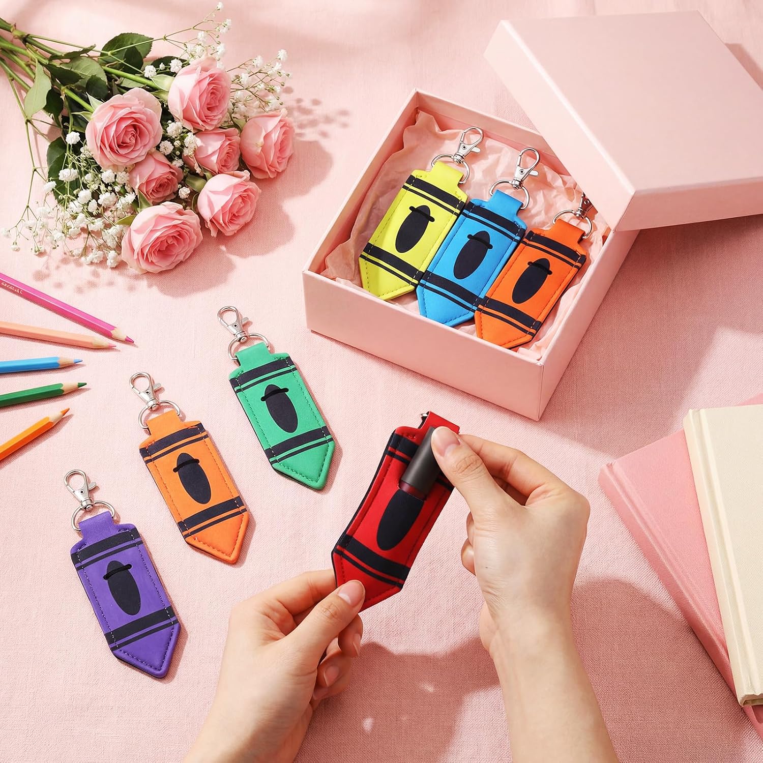 Abbylike Lipstick Holder Keychain Lip Balm Lipstick Keychain Hold Bulk portable Lip Balm Bag with Hook for Women Teacher Gift