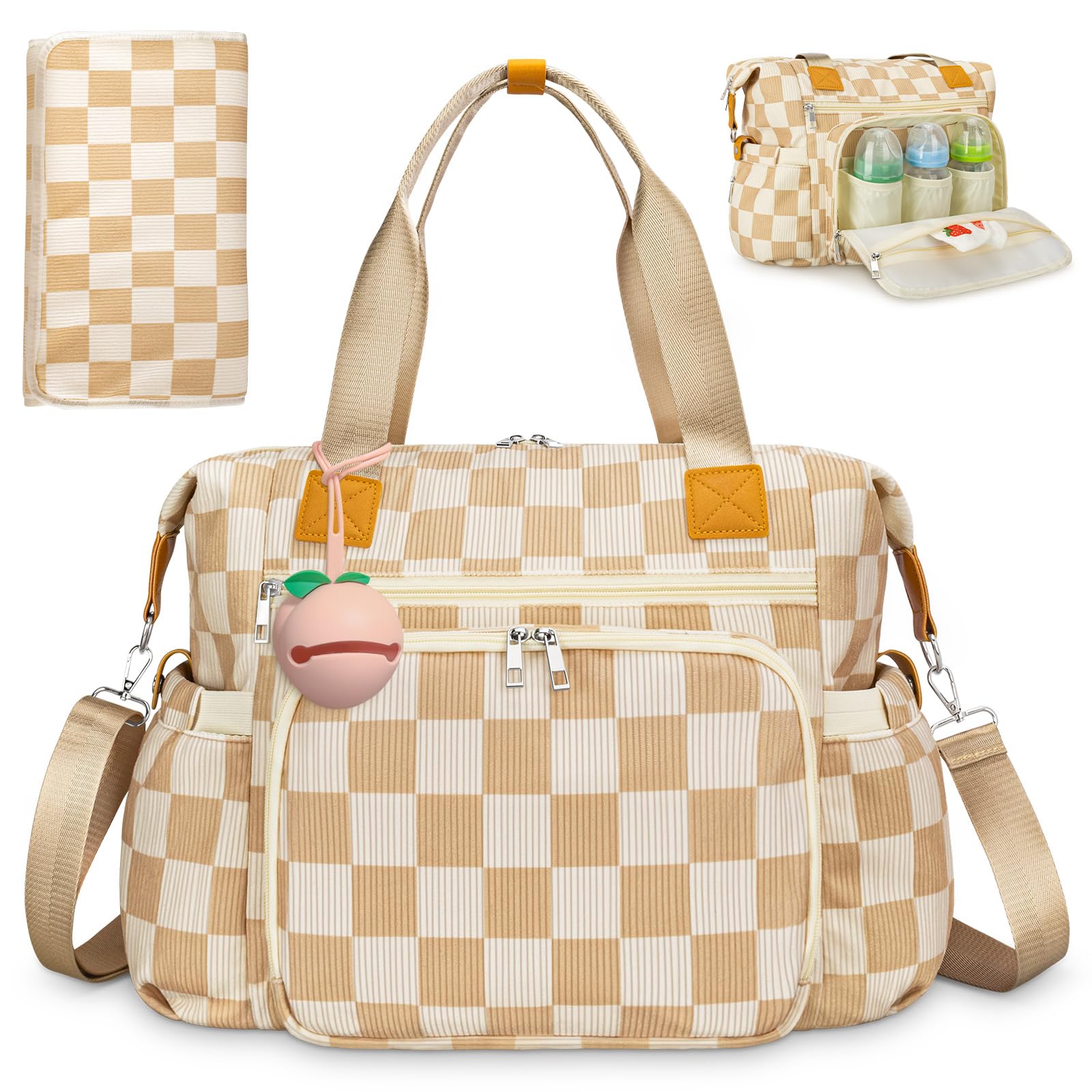 KUBYA Diaper Bag Tote, Diaper Tote Bag Travel Hospital Mommy Baby Nappy Tote Bag for Women, Corduroy Stylish Cute Gym Tote Bag for Women, with Silicone Pacifier Case & Changing Pad