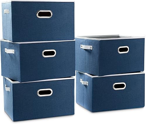 Vista 32 de PRANDOM Contenedores Grandes de Almacenamiento Plegables para Armario [Paquete de 3] Cubos Decorativos de Tela de Lino con Asas de Cuero/Metal