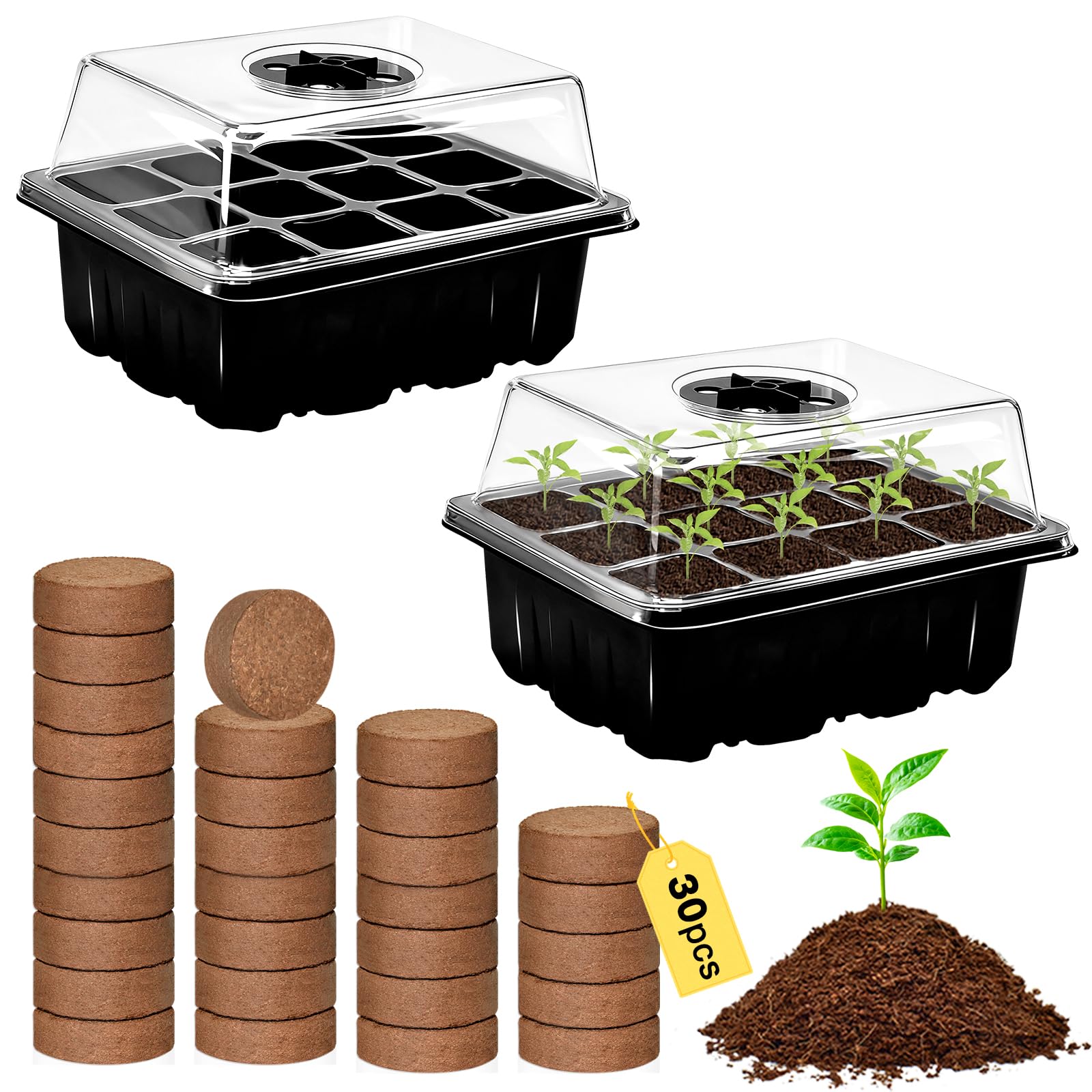 ZeeDix 2-Set Seed Starter Tray Kits with 30 Coco Coir Pellets