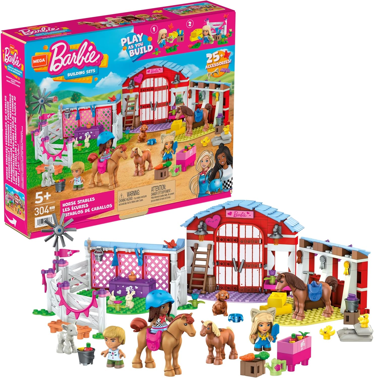 Barbie MEGA Barbie Horse Stables Building Set including 304 pieces including accessories and 3 micro-dolls