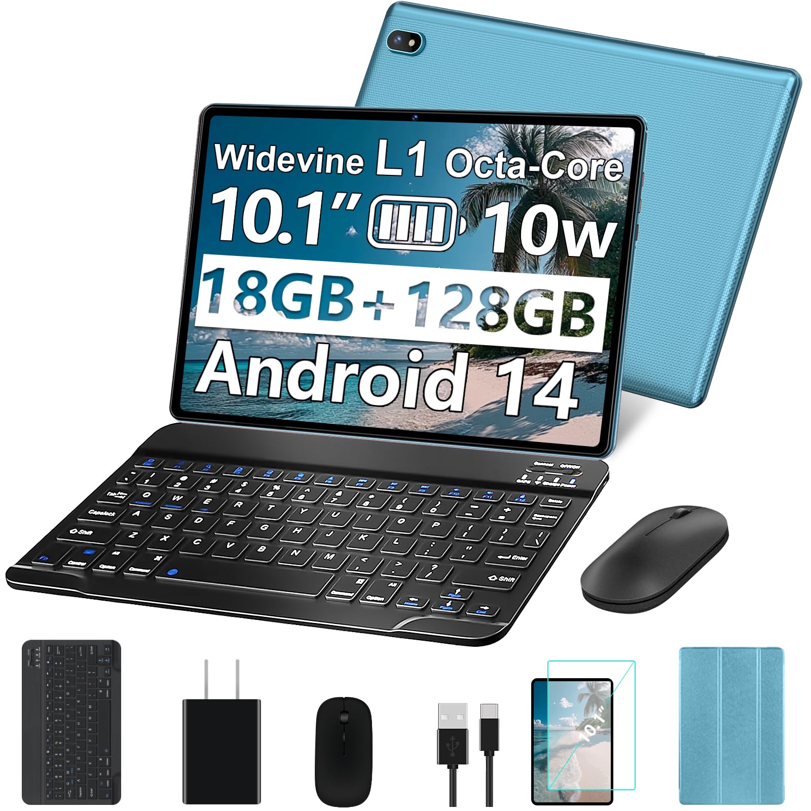 2025 Android Tablet 10.1 Inch Android 14 Tablets with 128GB ROM+18GB RAM (4+14 Virtual), 1TB Expand 2 in 1 10.1 Tablet with Keyboard, Powerful Octa-Core, WiFi 6, Blue