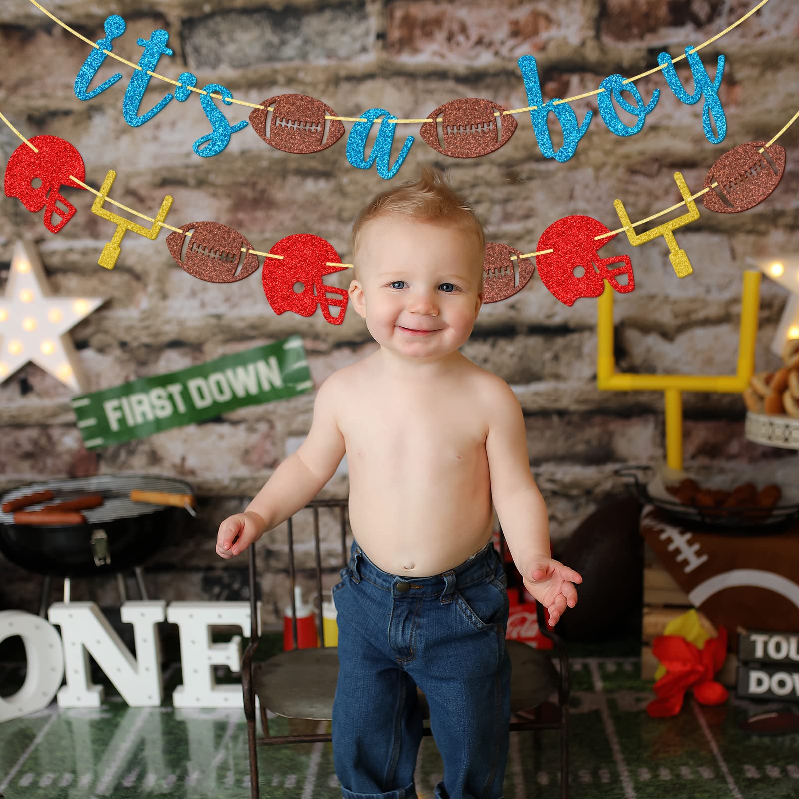 Football 'It's A Boy' Banner - Black Glitter Gender Reveal Decor, Pre-Strung, For Baby Shower & Parties