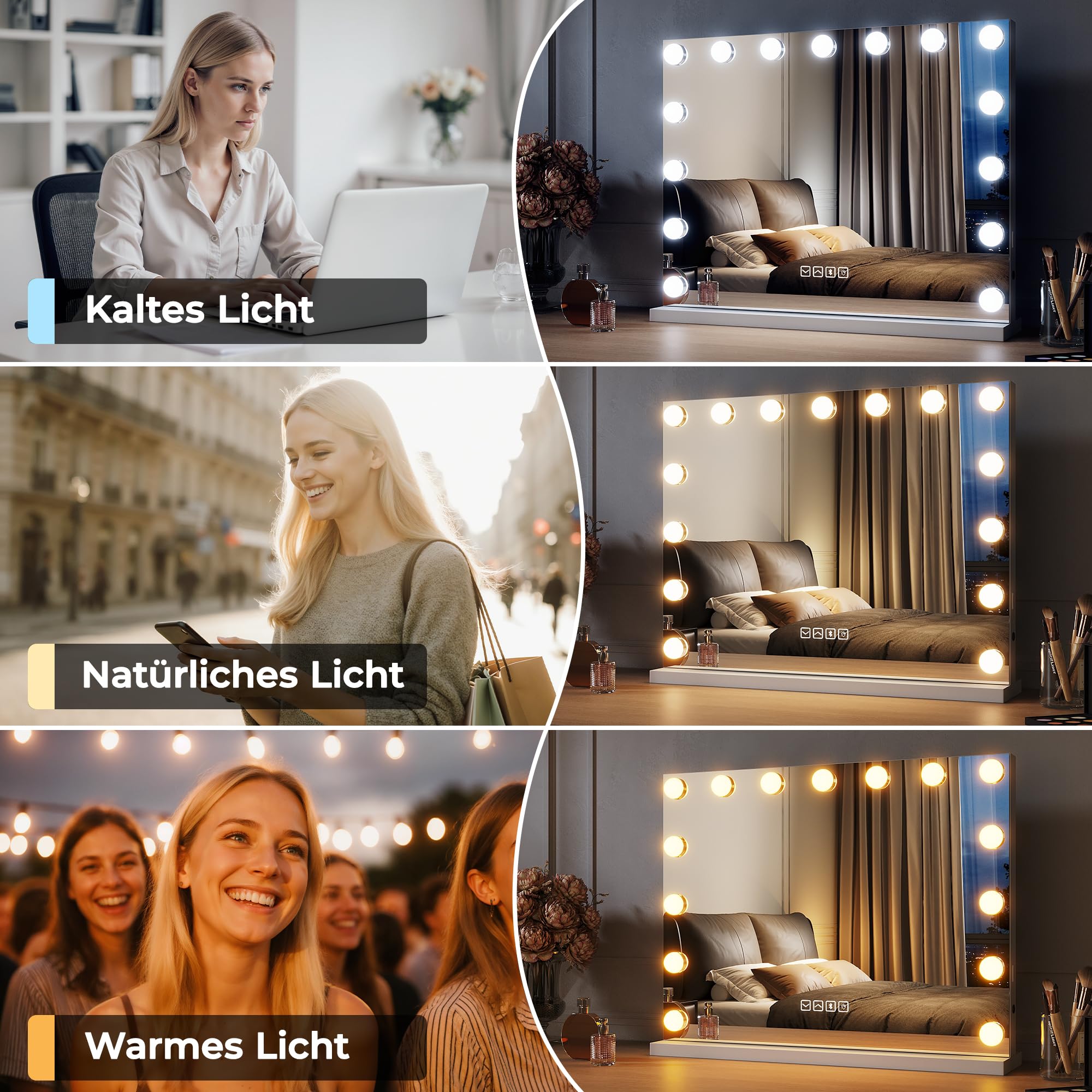 Hollywood Schminkspiegel mit Licht, Dreifarbiges Licht, Einstellbare Helligkeit, 58 x 45, Smart Touch Schalter und Memory Funktion, Mit Bluetooth