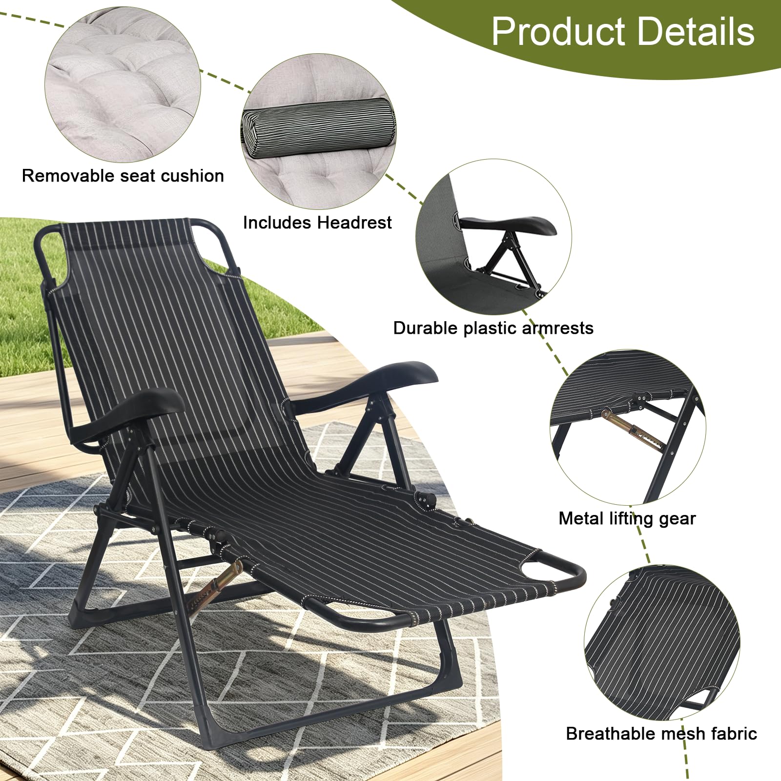 Gartenliege Klappbar mit Auflage, Liegestuhl Balkon mit Kopfstütze, 7 Fach Verstellbare Sonnenliege Klappbar bis 150 kg, für Garten, Balkon, Strand Terrasse(Grau)