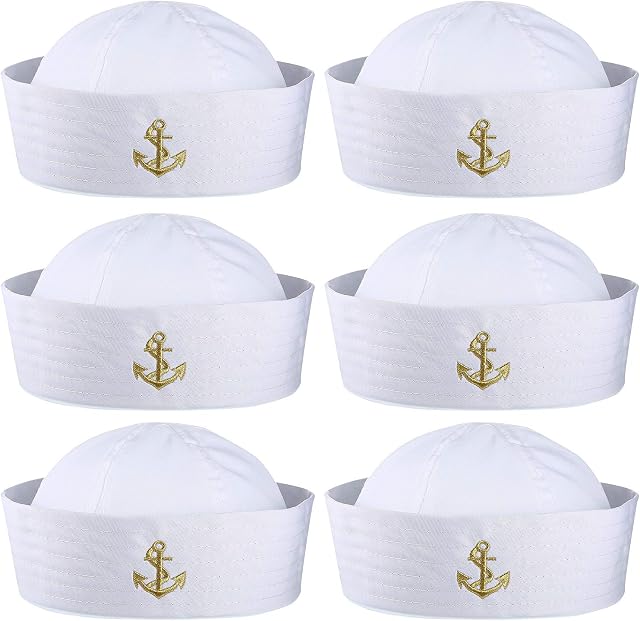 Boao 6 Pieces White Sailor Hat Captain Caps with Golden Embroidery Yacht Nautical Hats for Adult Sailor Costume, Dress Up Party Hat