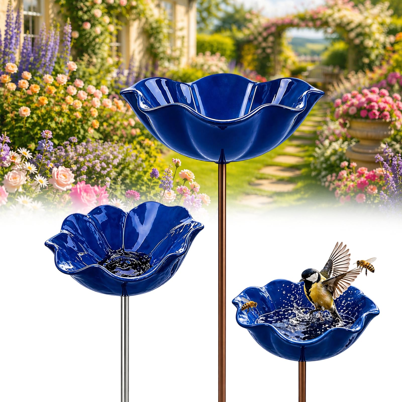 Handmade Metal Flower Garden Stake Bird Bath Bowl - Weather-Resistant Bee Watering Station & Flower Bird Feeder, Decorative Outdoor Metal Flowers for Yard Lawn Patio Decor (Blue)