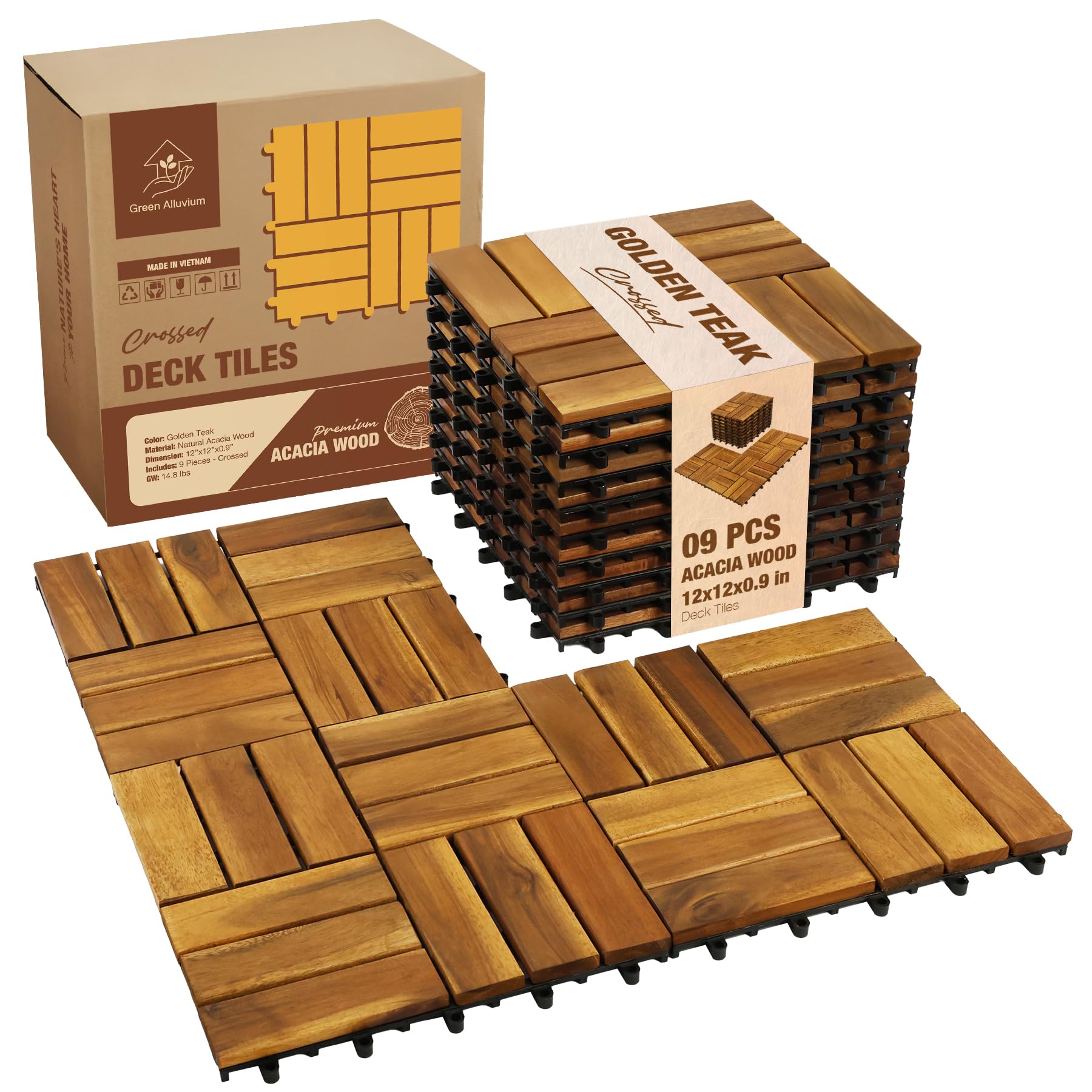 Photo 1 of GREEN ALLUVIUM Premium Acacia Wood Interlocking Deck Tiles, 9 PCS 12"x12"x0.9" Patio Flooring, Waterproof Decking Tiles for Balcony, Backyard & Patio, All Weather Use (Golden Teak - Crossed Pattern)