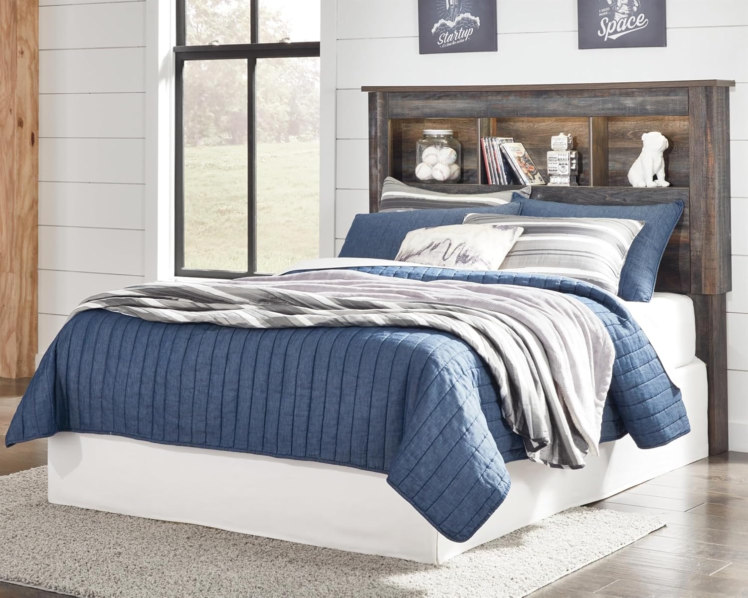 BOWERY HILL Full Bookcase Headboard, Modern Engineered Wood, 52.8 x 59.37 x 6.97 in, Brown Burnt Orange and Teal Finish, Dimming LED Lighting, Rustic Industrial Style Bedroom Furniture