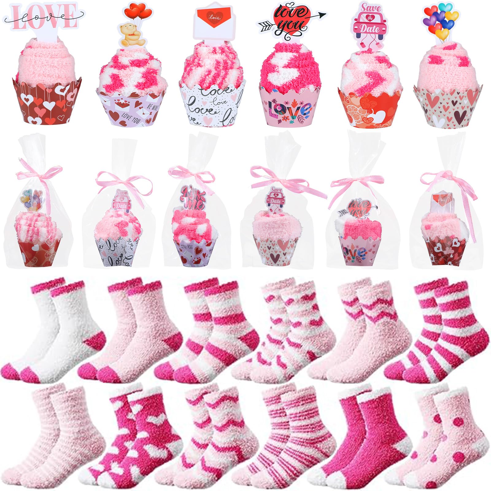 12 Pairs Valentine's Day Cupcake Socks Pink Fuzzy Socks Bulk for Women Gifts DIY Fluffy Socks Stuffers Valentine Heart Cupcake Sock with Gift Box for Women Teacher Colleague Birthday Present-image-41