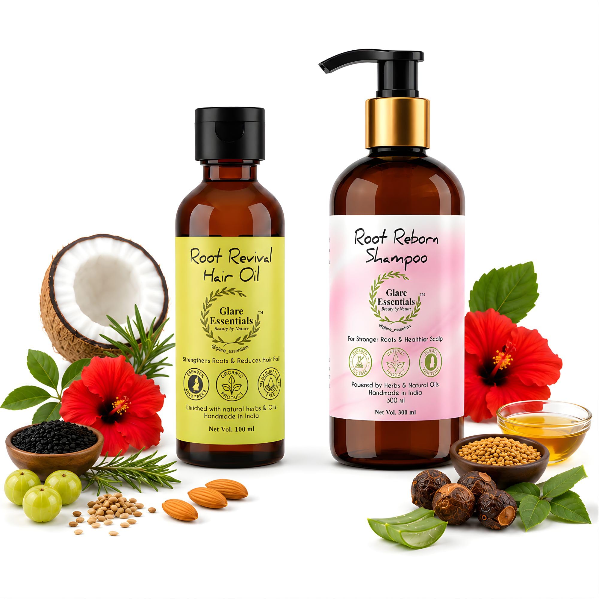 Root Reborn Shampoo 300ml & Root Revival Hair Oil 100ml Combo for Men & Women | Amla Reetha Shikakai Brahmi Aloe Vera Hair Care Kit for Daily Scalp Care & Healthy Looking Hair-image-21