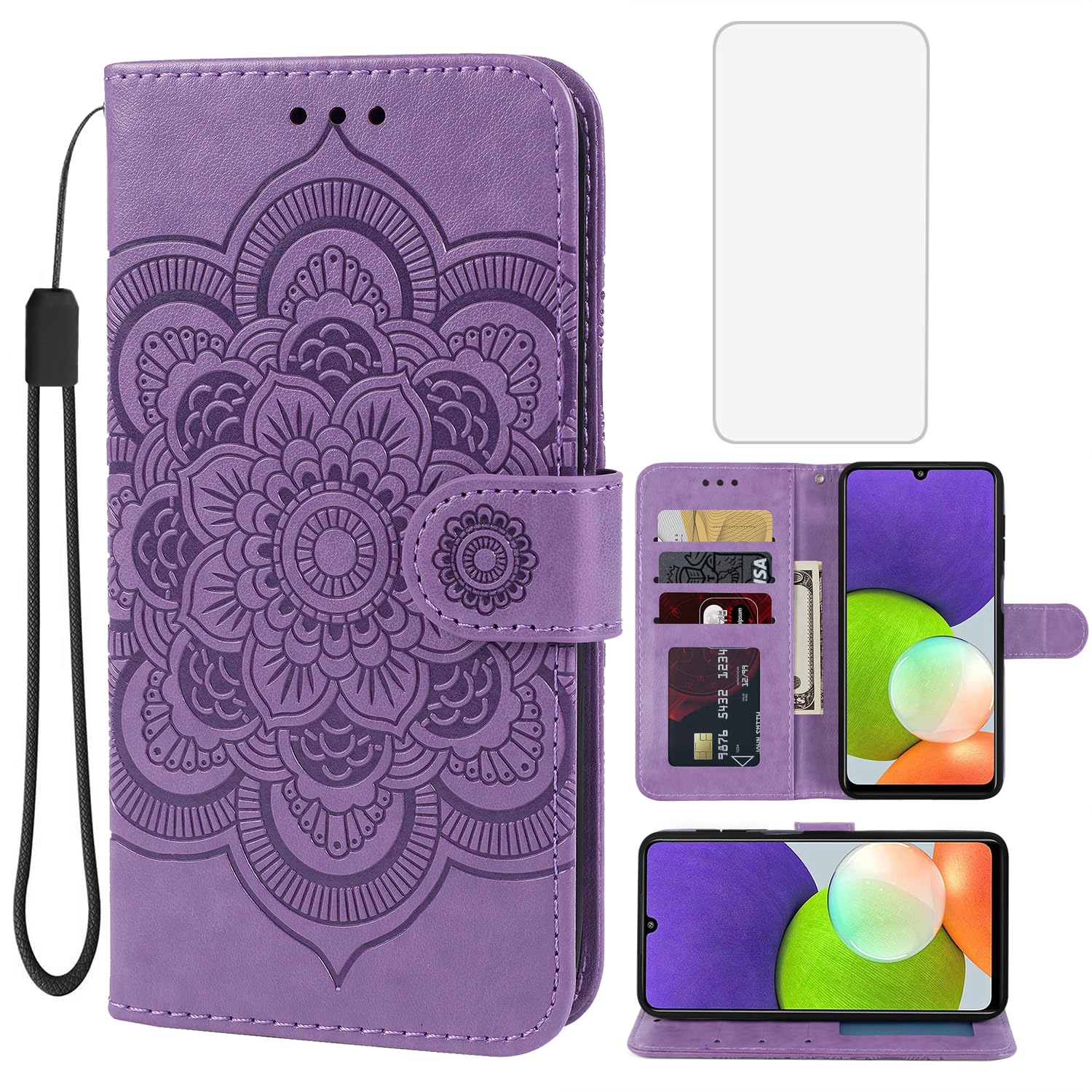 Bohefo Case for Galaxy A22 4G Case, Samsung M32 4G SM-A225F Wallet Case with Tempered Glass Screen Protector, Mandala Leather Flip Credit Card Holder Stand Phone Cover for Samsung Galaxy A22 4G Purple