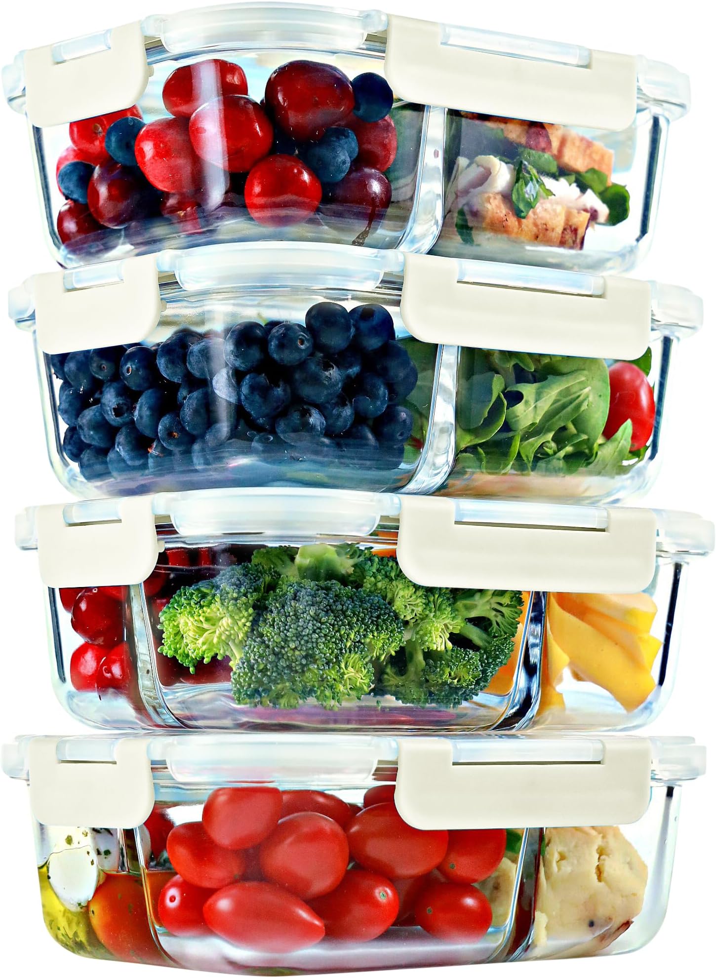 2 & 3 Compartments Glass Meal Prep Containers – Portion Control Containers, Food Storage w/Lids, Freezer Safe, Leak-Proof Glass Lunch Box with Compartments, 32 oz, Beige, 4 Pack