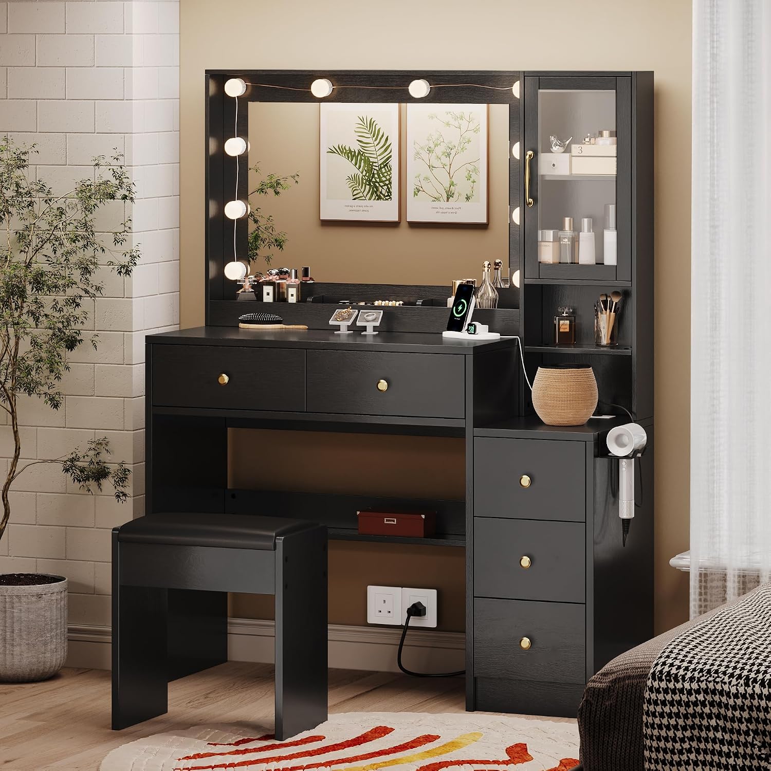TOKSOM Black Makeup Vanity with Lights, Charging Station, 5 Drawers, Mirror & Stool - LED Dressing Table for Bedroom