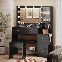 TOKSOM Black Makeup Vanity with Lights, Charging Station, 5 Drawers, Mirror & Stool - LED Dressing Table for Bedroom