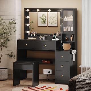TOKSOM Black Makeup Vanity with Lights, Charging Station, 5 Drawers, Mirror & Stool - LED Dressing Table for Bedroom