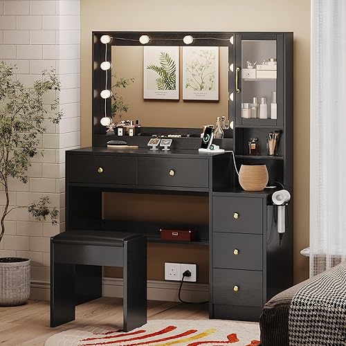 Makeup Vanity with Lights & Charging Station, Black Vanity Table with 5 Drawers & Open Storage Shelves, Vanity Desk with Mirror & Lights, Dressing Table Set, Bedroom Makeup Table Set Black Handle