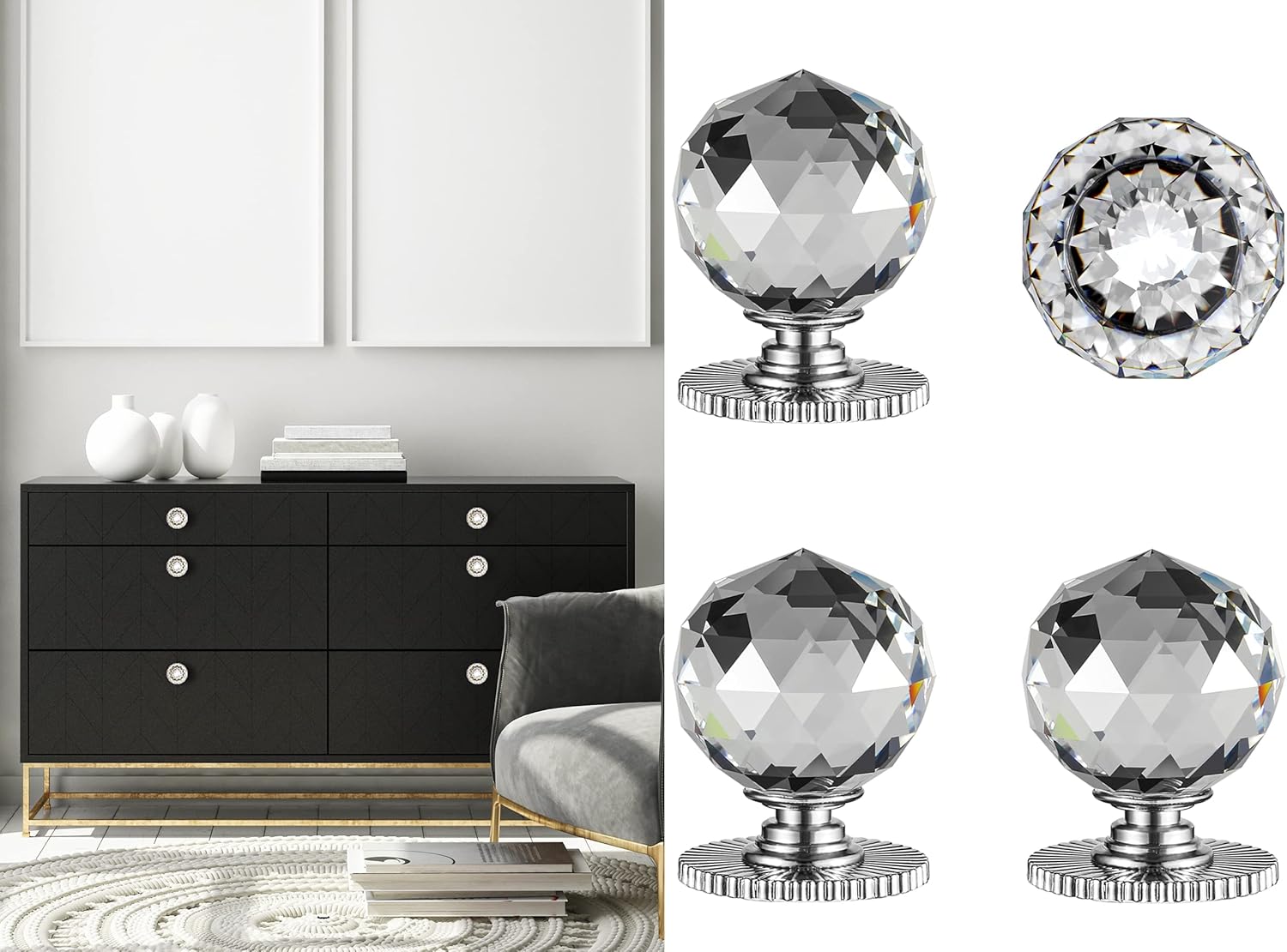 Stargallery Round Crystal Self Stick Knobs 1-3/5 Inch 40mm Diameter Crystal Knobs Cabinet Knobs Replacement Knob with Adhesive for Cabinet Mirror Cupboard Window Glass Sliding Door Drawer (4, Sliver)