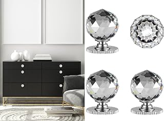 Stargallery Round Crystal Self Stick Knobs 1-3/5 Inch 40mm Diameter Crystal Knobs Cabinet Knobs Replacement Knob with Adhesive for Cabinet Mirror Cupboard Window Glass Sliding Door Drawer (2, Sliver)