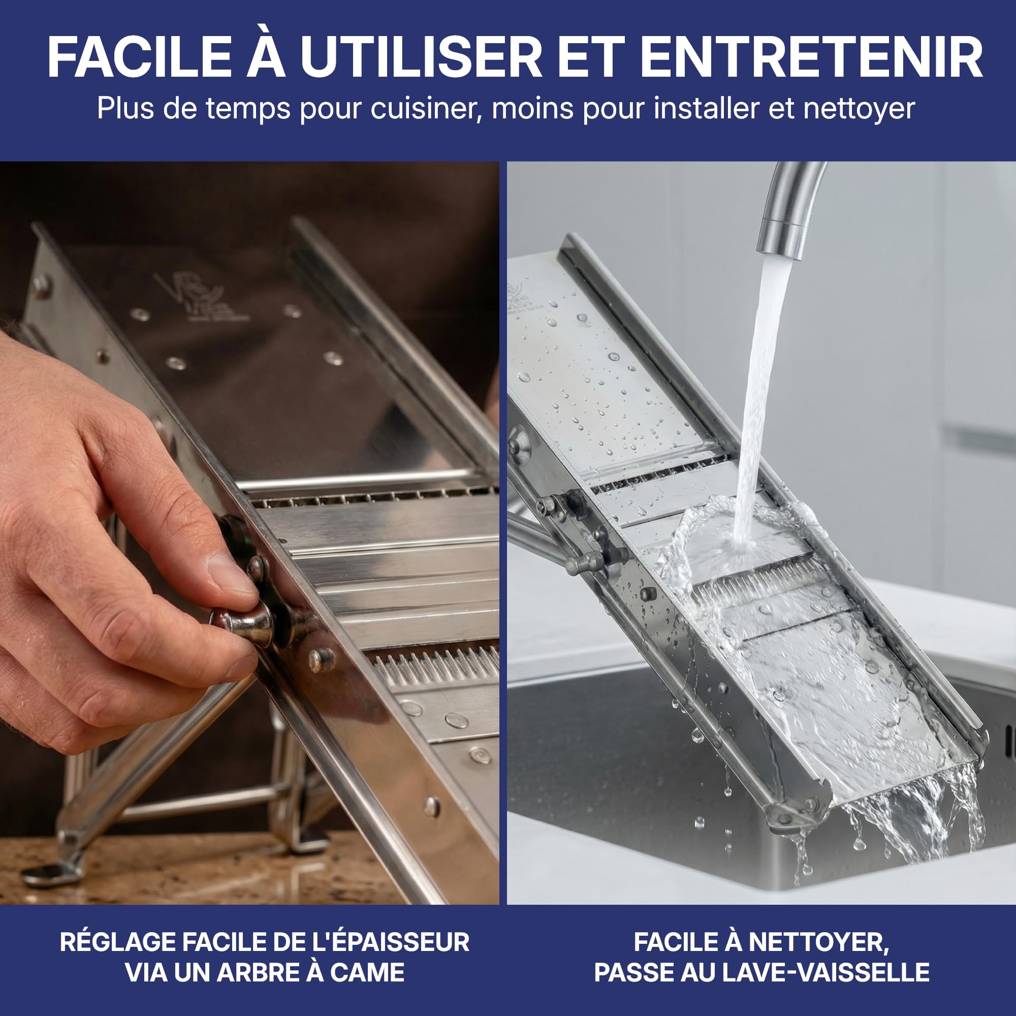 Louis Tellier – Mandoline Inox Professionnelle avec Chariot – Fabriqué en France – 2 Peignes 3 et 10 mm pour Frites et Julienne – Lame Lisse et Gaufrée Réglable