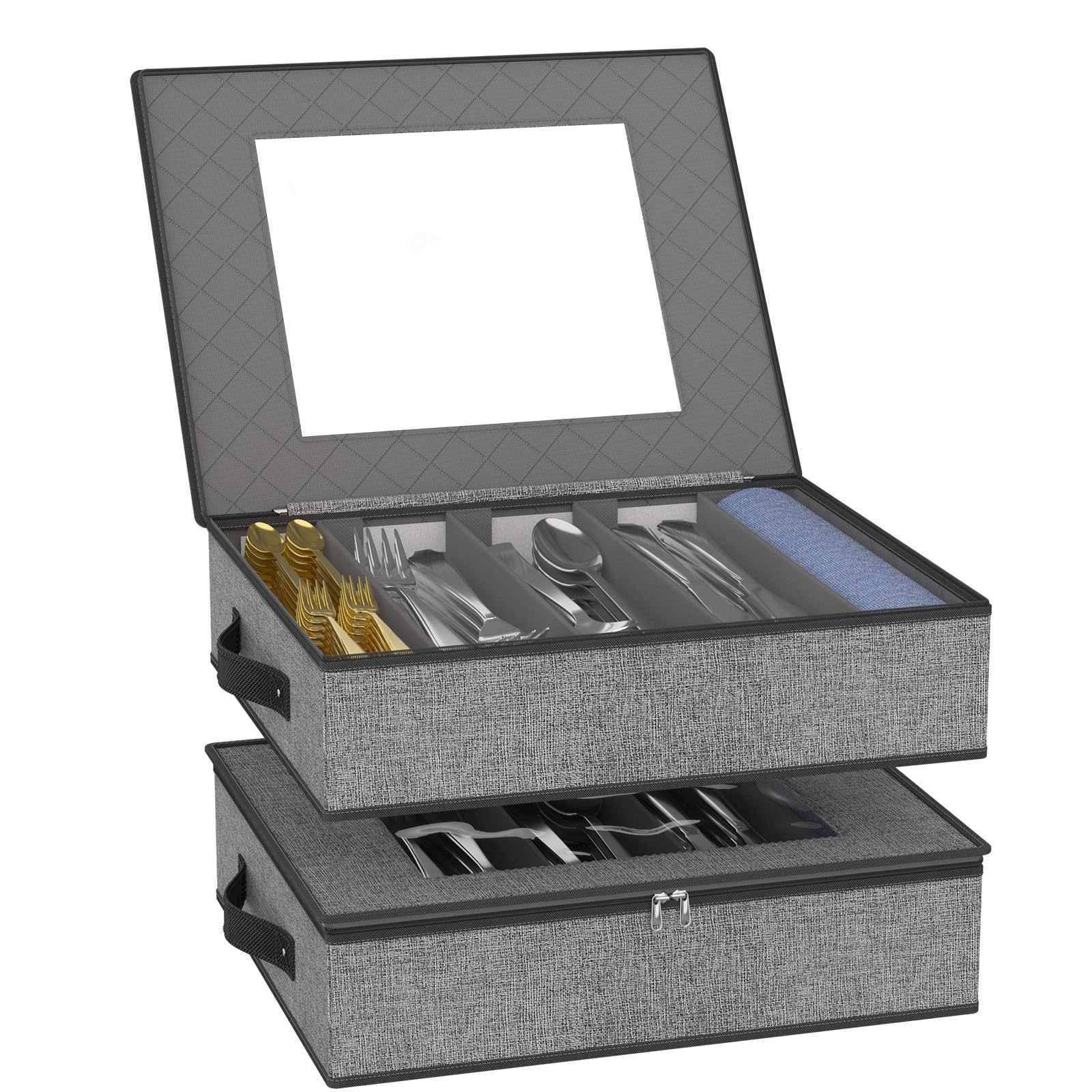 VERONLY Flatware Utensil Storage - Sturdy Silverware Storage Box with Dividers, 5 Compartment Flatware Storage Case with Handles and Removable Lid for Moving&Protected(Dark Gray)