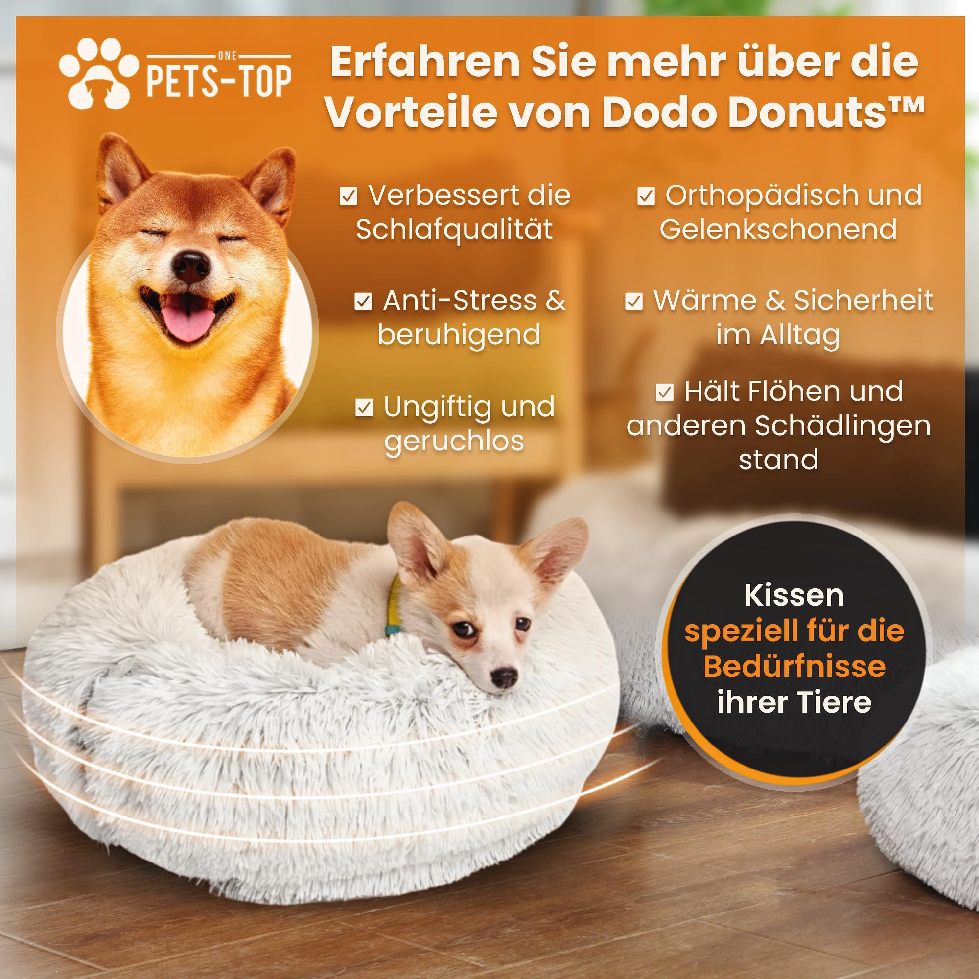 One PETS-TOP® Hundekörbchen Waschbar Fluffy – Donut Hundebett Flauschig mit Abnehmbarem Bezug – Hundebett Rund für Kleine & Große Hunde – Hundekissen Waschbar Anti-Stress – 115cm Durchmesser Perlgrau