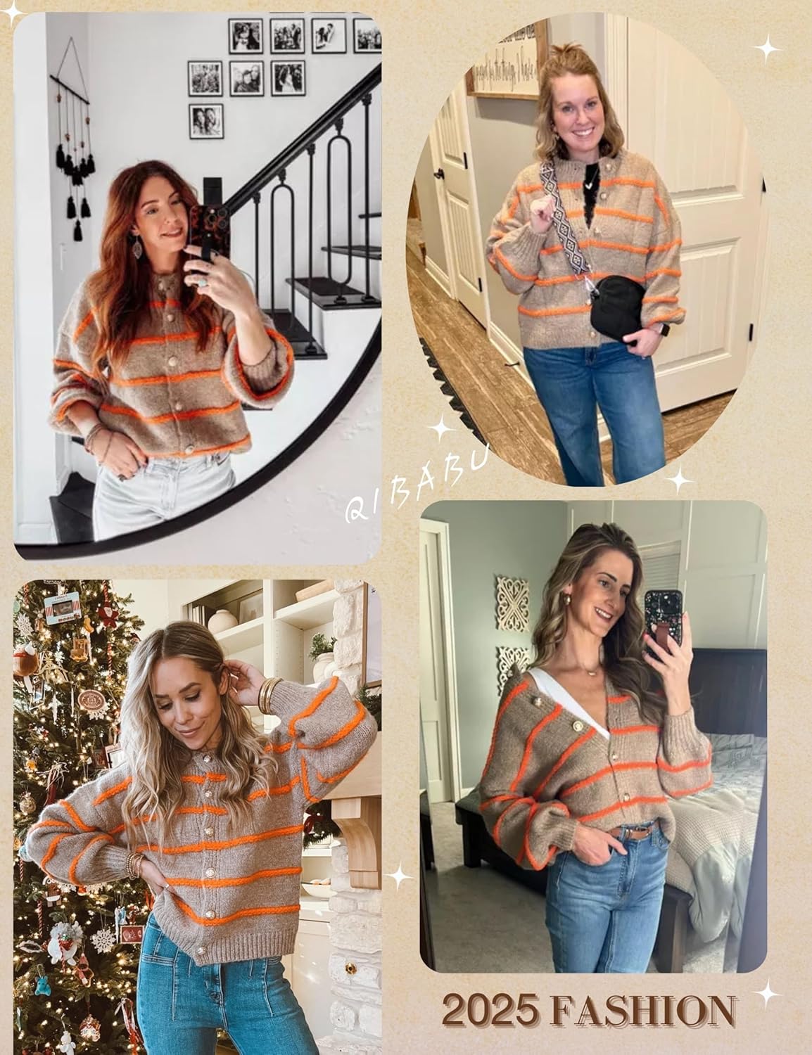 QIBABU Womens Striped Cardigan Sweaters Casual Open Front Long Sleeve Button Down Knit Outwear - Image 4