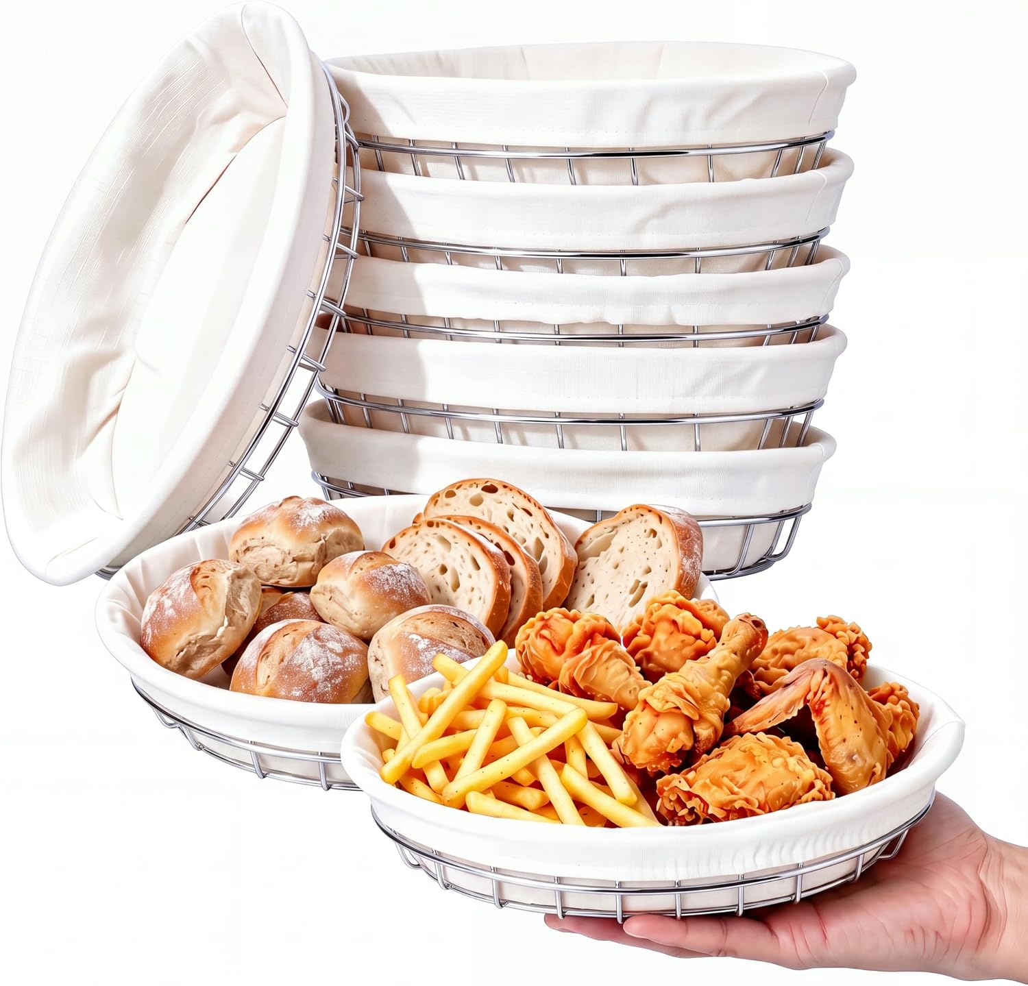 6 Pack Oval Metal Wire Baskets with Liner Cloth for Table Serving 9.5 x 6.2 x 2.2 Metal Dinner Bread Proofing Baskets Sandwich Container for Fast Food Kitchen Party (Silver)
