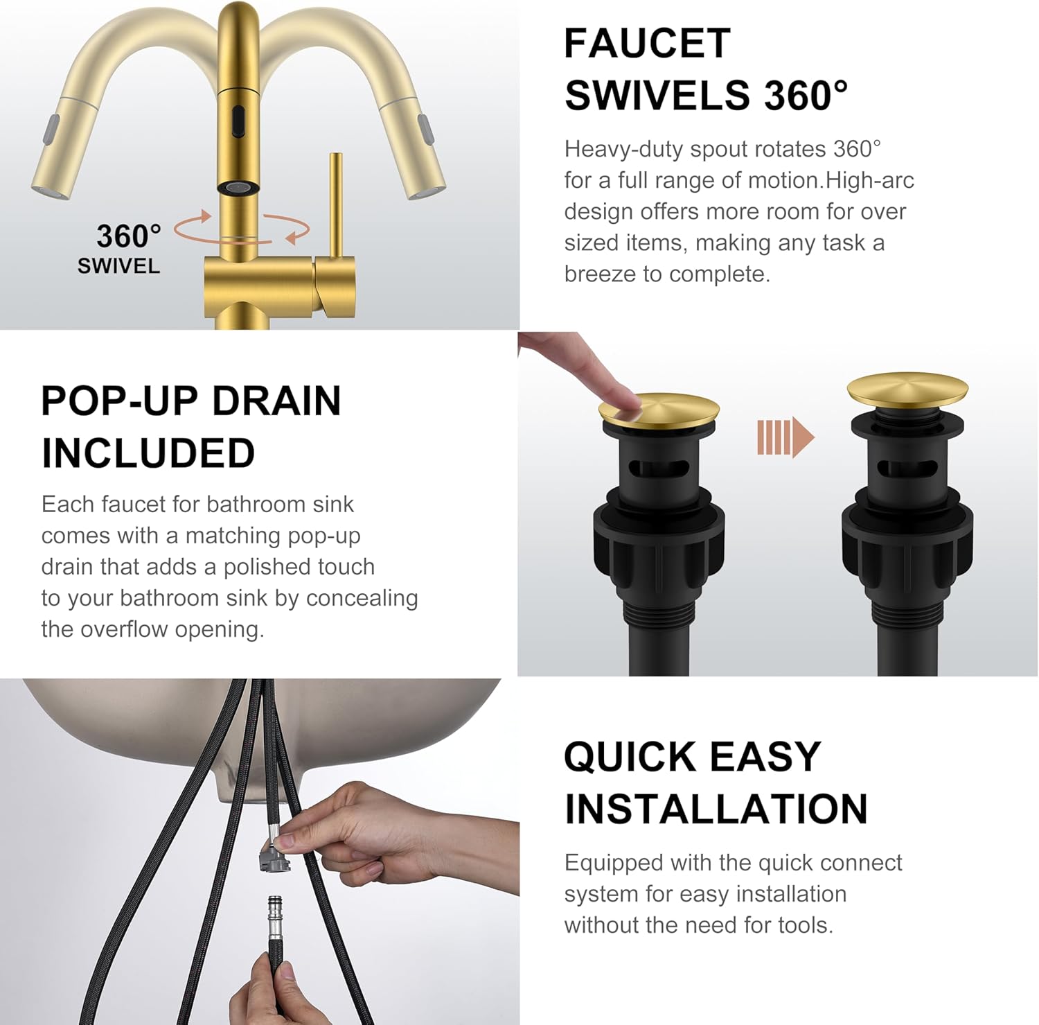 KENES Brushed Gold Single Handle Bathroom Faucet with Pull Out Sprayer, Pull Down Bathroom Sink Faucet with Sprayer, Vanity Bar Faucet with Pop Up Drain & Deck Plate, KE-9065B-4 - Image 7