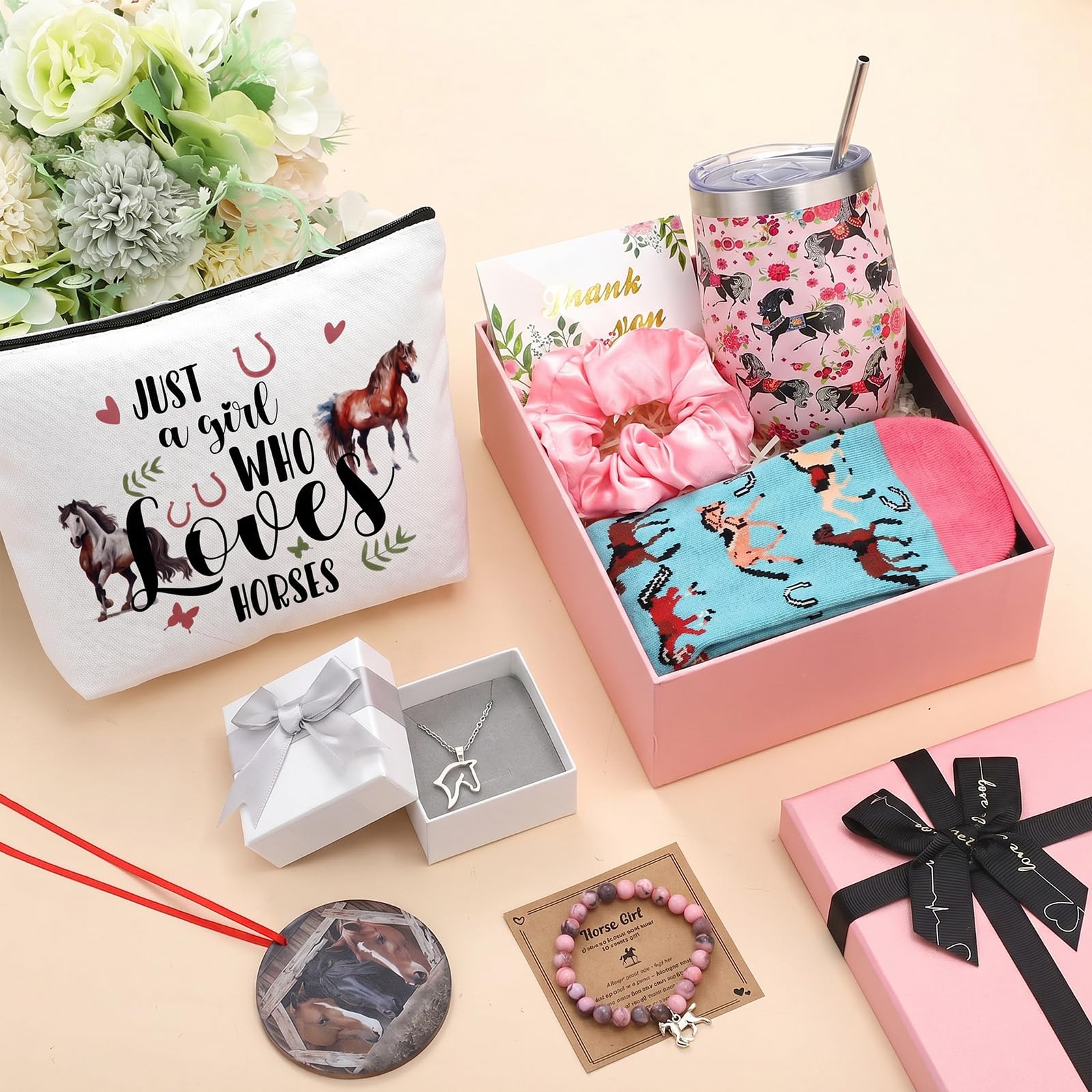 Landical 59 piezas de regalo de caballo de Navidad para mujer, incluye taza con temática de caballo, bolsa de maquillaje, calcetines, pulsera, collar, coletero, adorno de madera, tarjeta de